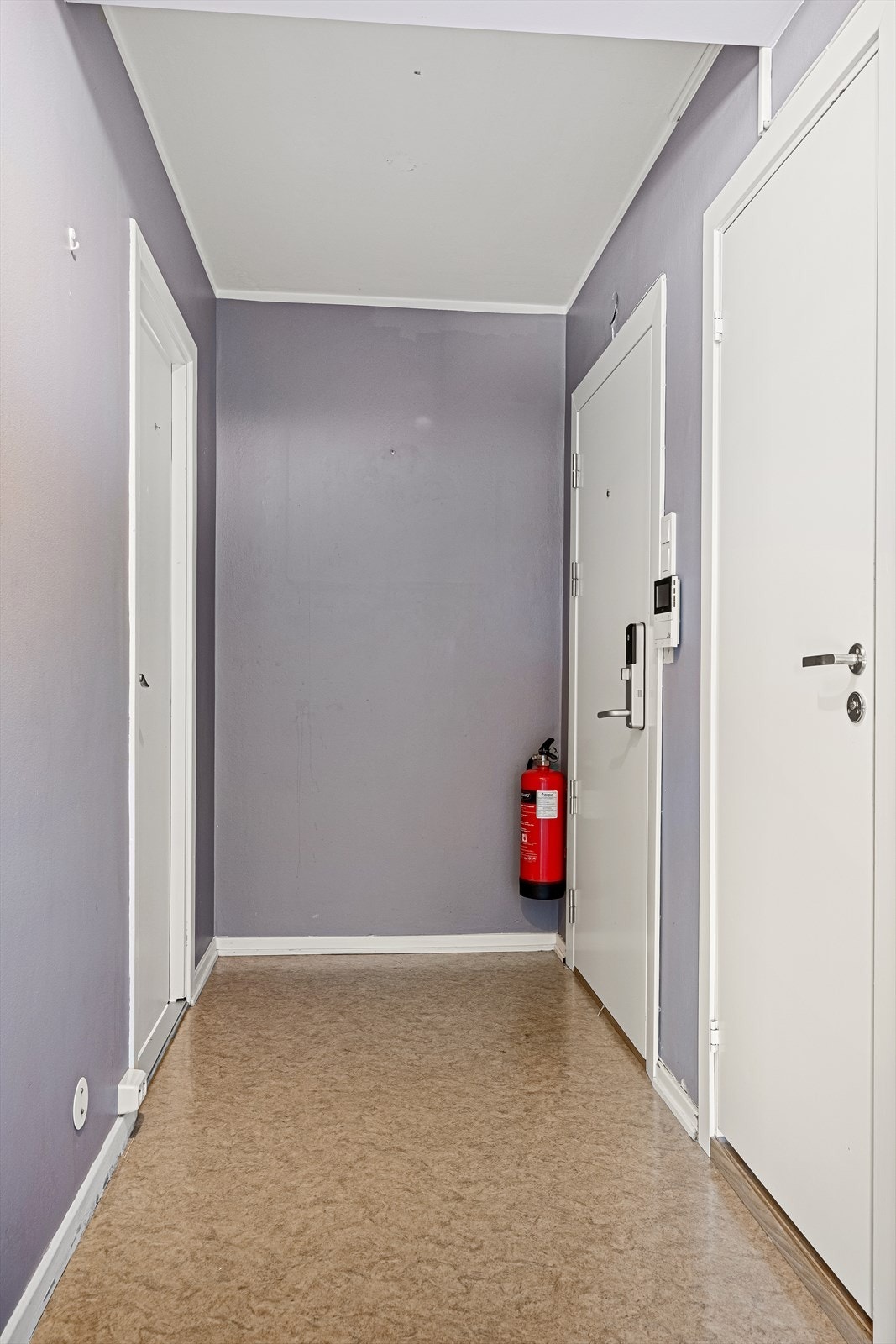 Entré sett fra stuen med ytterdør, inngang til bad og til soverom Galleribilde