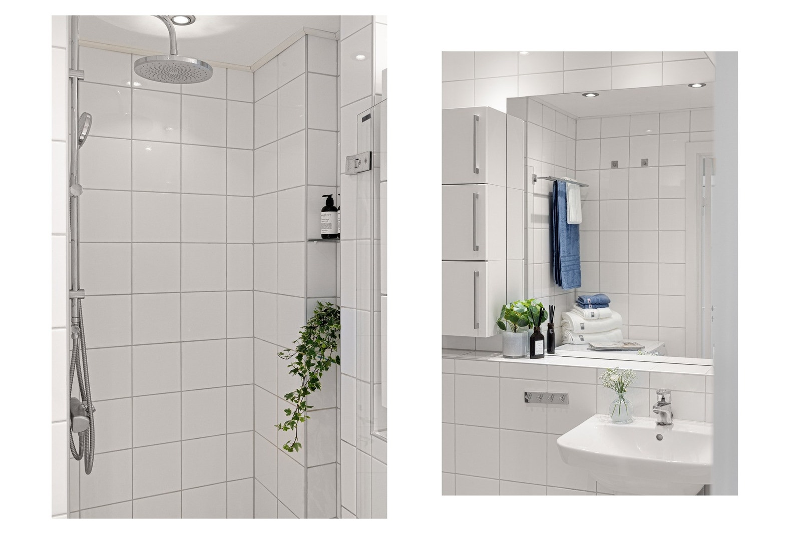 Badet har en praktisk dusjnisje med glassdør og dusjarmatur med både regndusj og hånddusj, samt toalett og opplegg for vaskemaskin. Galleribilde