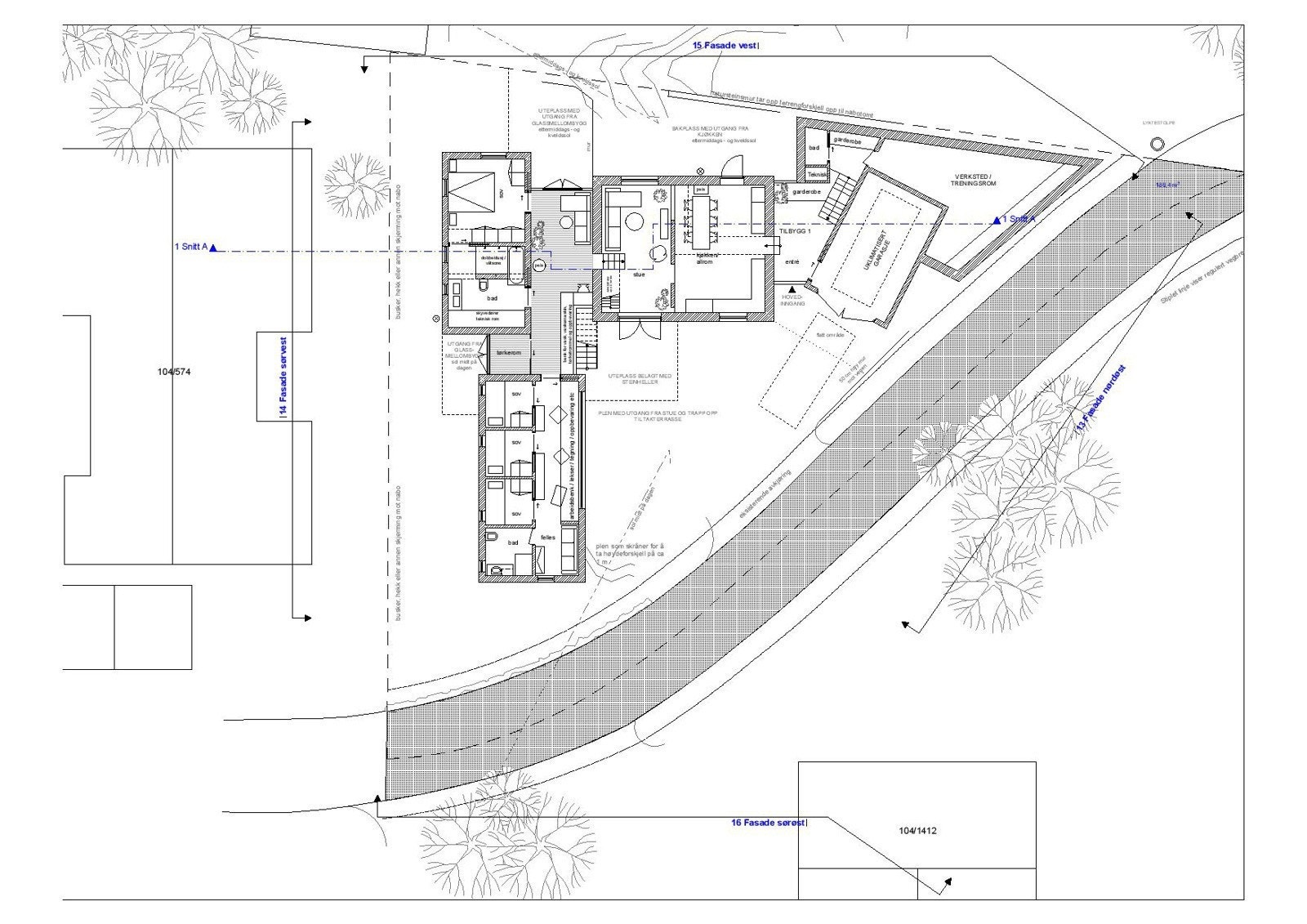 Arkitekttegning som viser utleiedel med 3 barnerom, bad og tv-stue. Galleribilde