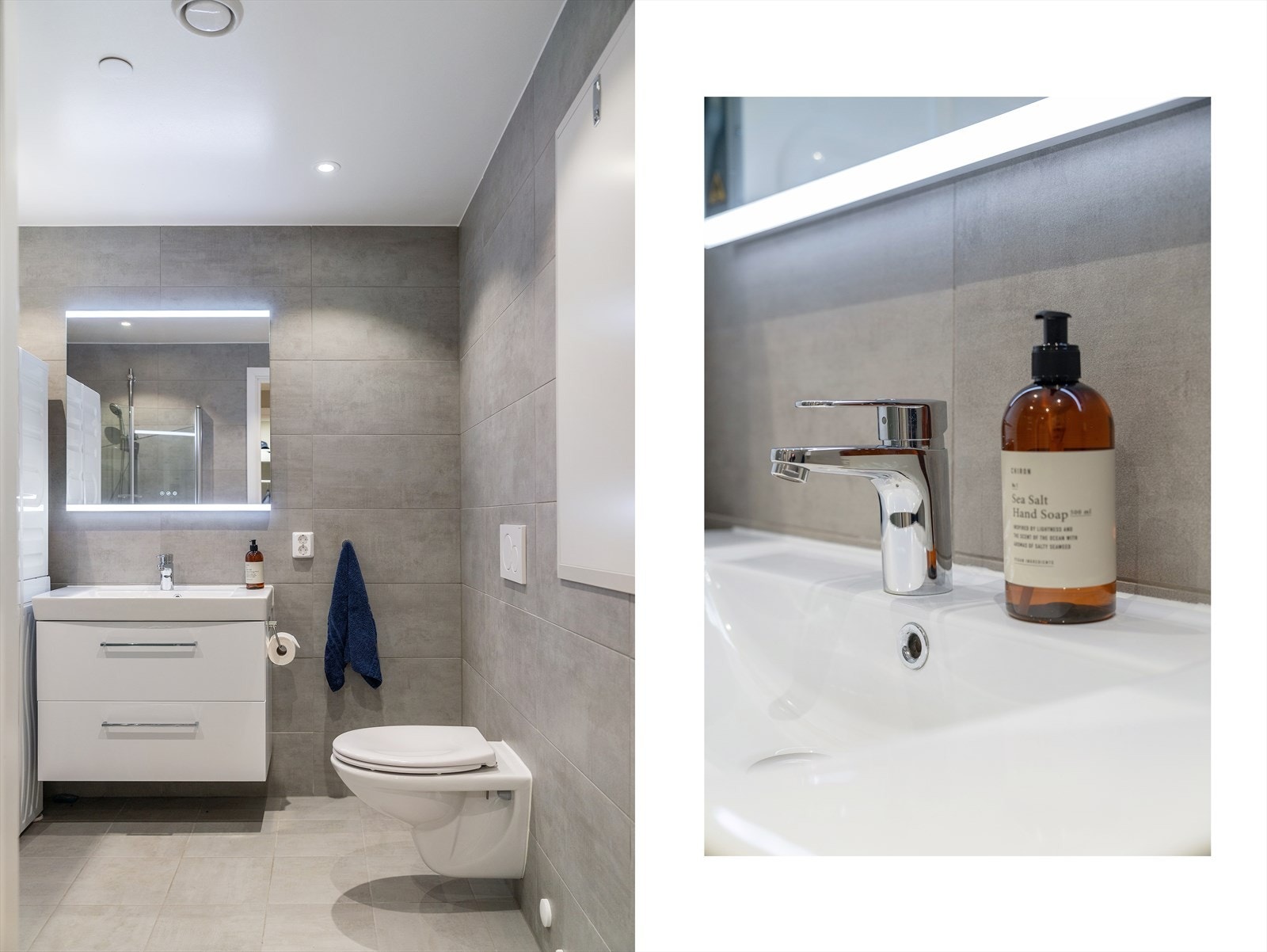 Badet er utstyrt med helstøpt servant med skuffer under og speil med integrert belysning. Galleribilde