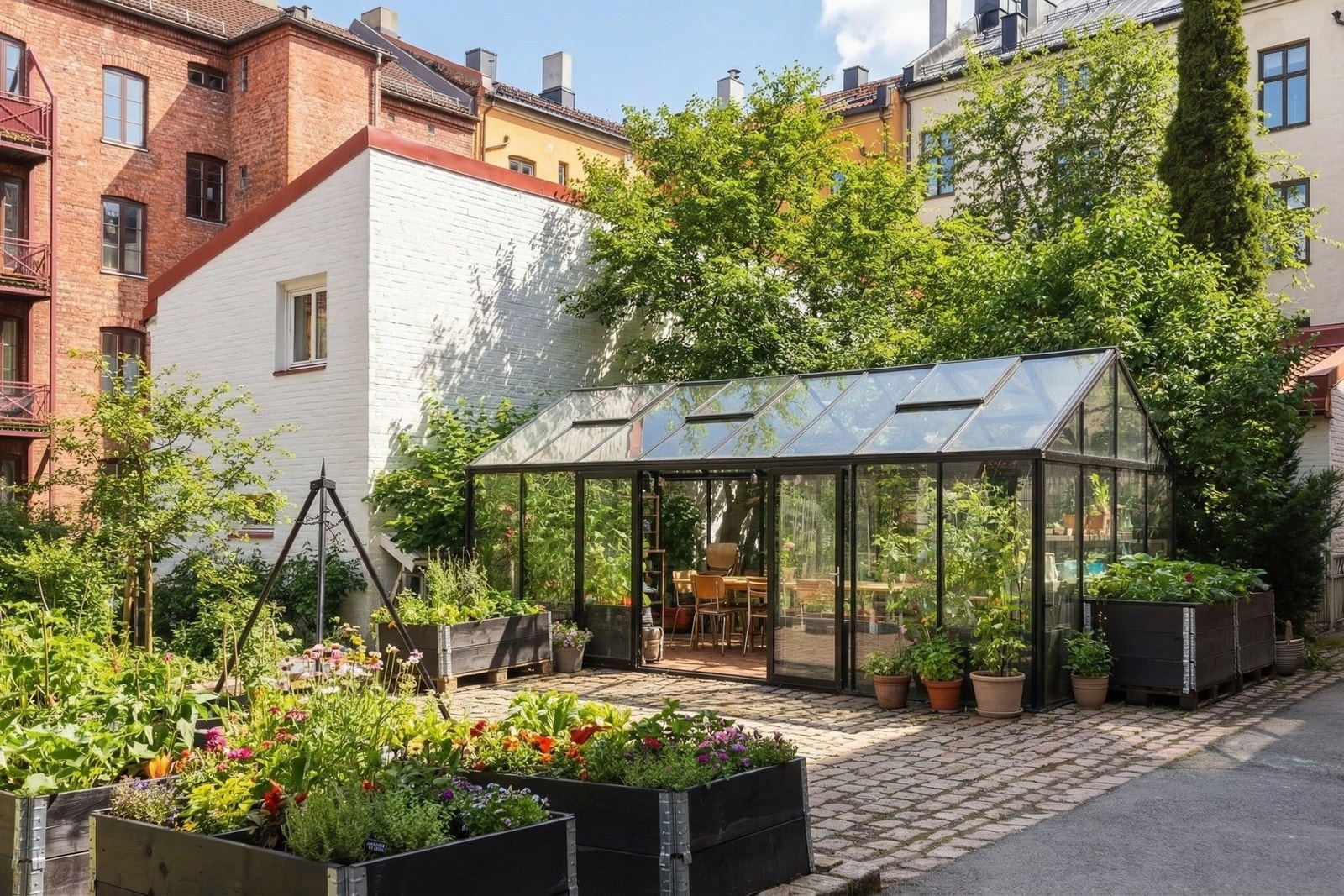 I borettslagets felles bakgård er det etablert et vakker orangerie som kan leies for private arrangementer. Galleribilde