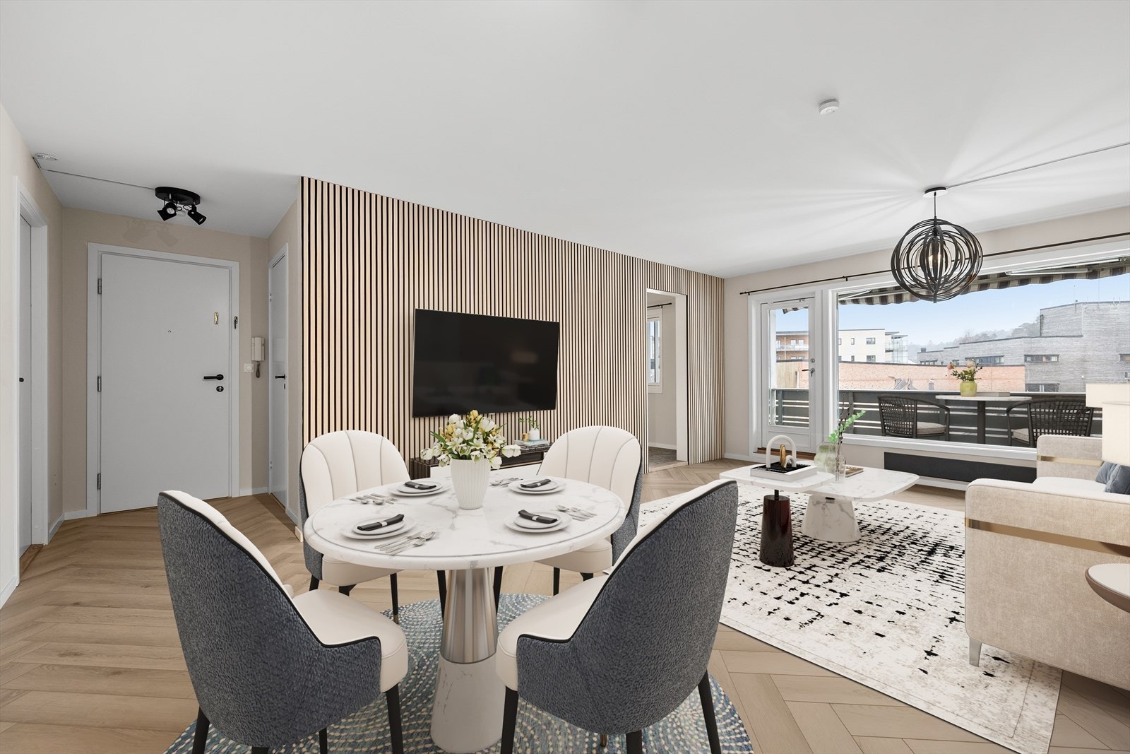 Nydelig gulv med 1 stav parkett med fiskebein(2025) Balkongdør med 3-lags glass fra 2022 Galleribilde