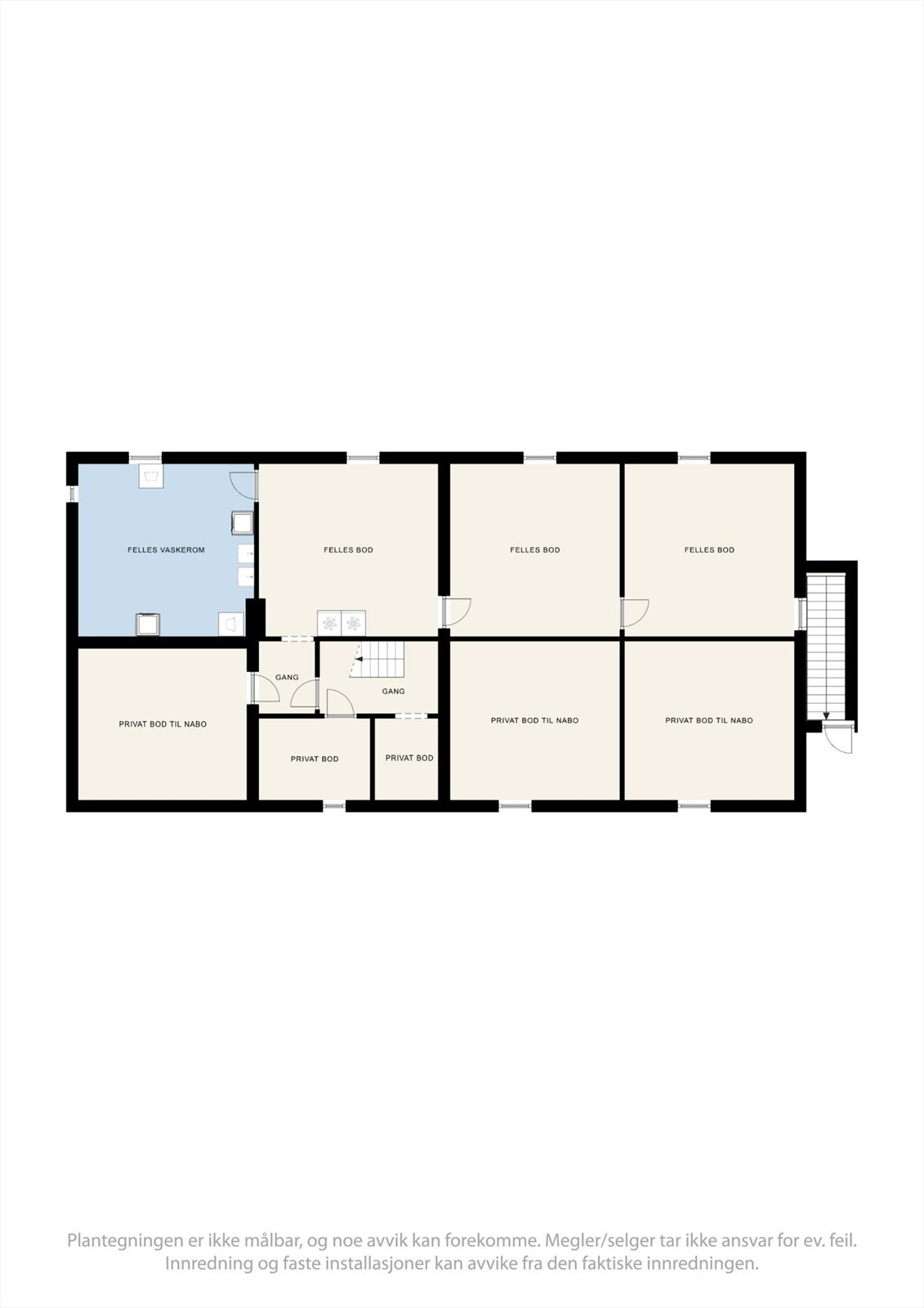 Plantegning U. etg. Denne delen har egen gang og to private boder. Det er også adkomst til vaskekjeller og fellesbod. Galleribilde