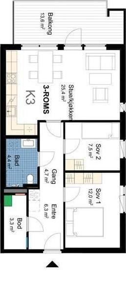 Plantegning av leilighet 2-K3, 2. etg. | sørvestvendt balkong med mye sol Galleribilde