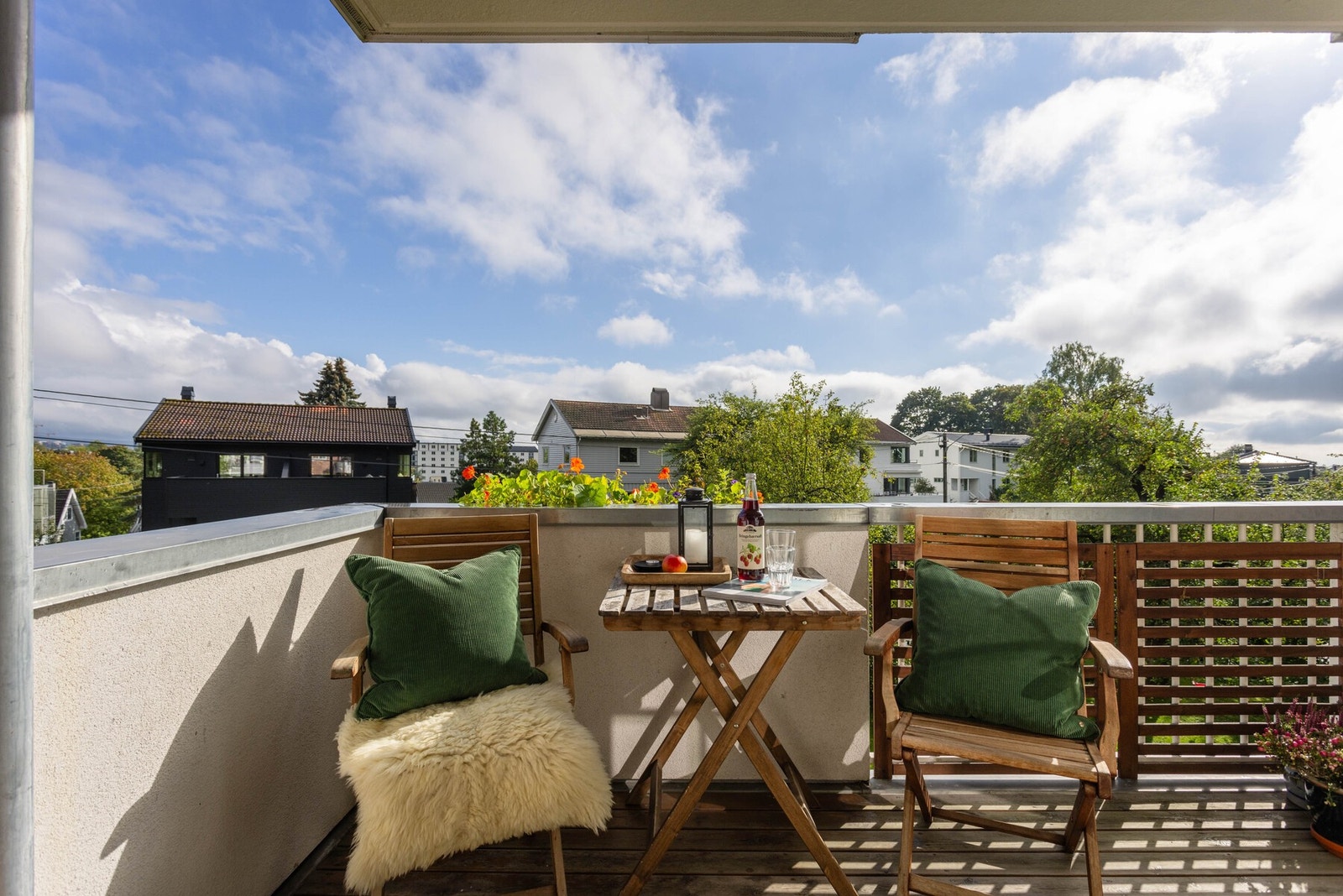 Fra balkongen ser man ut mot idyllisk nabolag med Voldsløkka park i bakgrunnen. Galleribilde