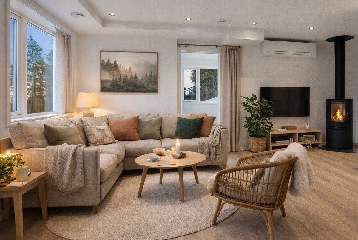 Utleiedel: Stue med peis i utleiedel - Ai redigert styling Galleribilde