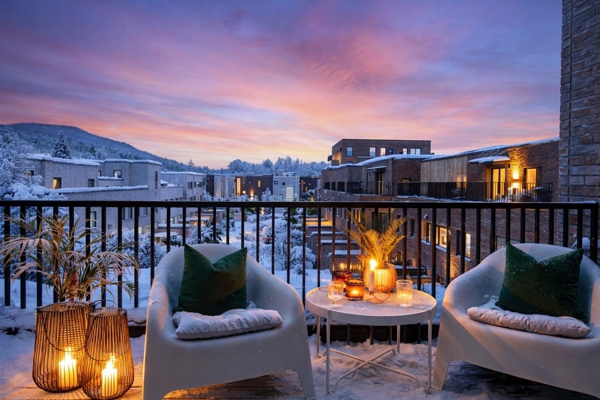 Fra takterrassen er det utsikt mot stor grønt atrium | flotte vedlikeholdsfrie teglfasader tilfører huset liv og tekstur og understreker følelsen av kvalitet Galleribilde