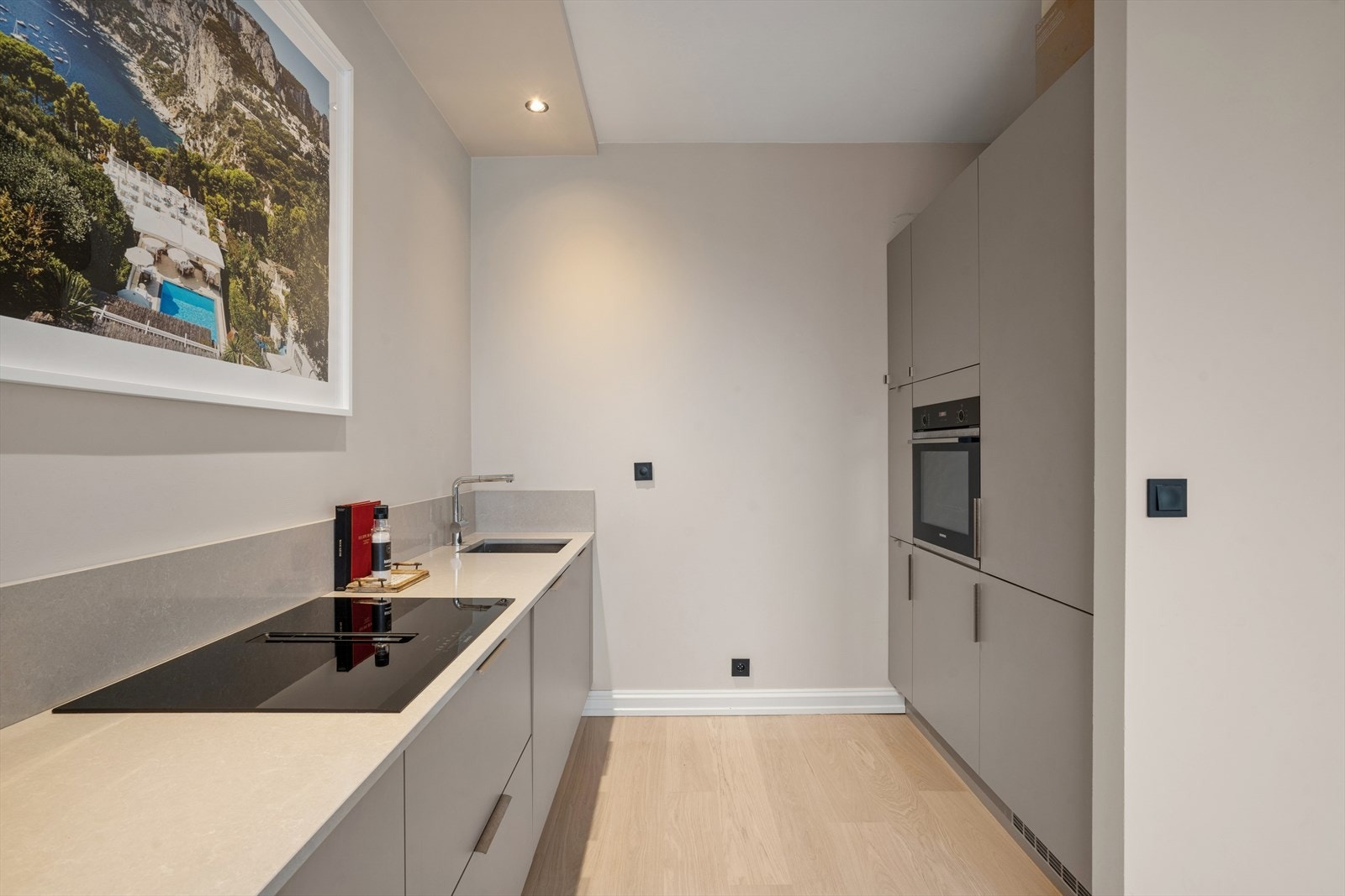 Lekkert kjøkken fra 2021. Hvitevarer inkluderer induksjon koketopp, stekeovn, kjøl/frys og oppvaskmaskin. Galleribilde