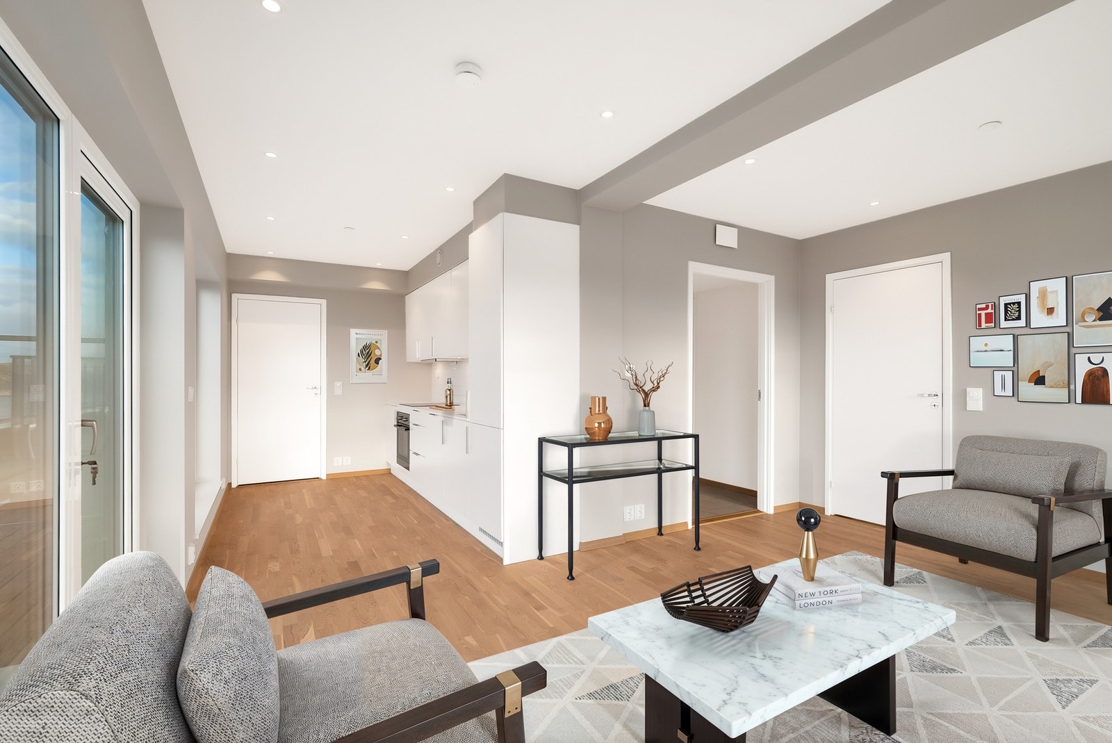 Stue/kjøkken (digitalt møblert). Galleribilde