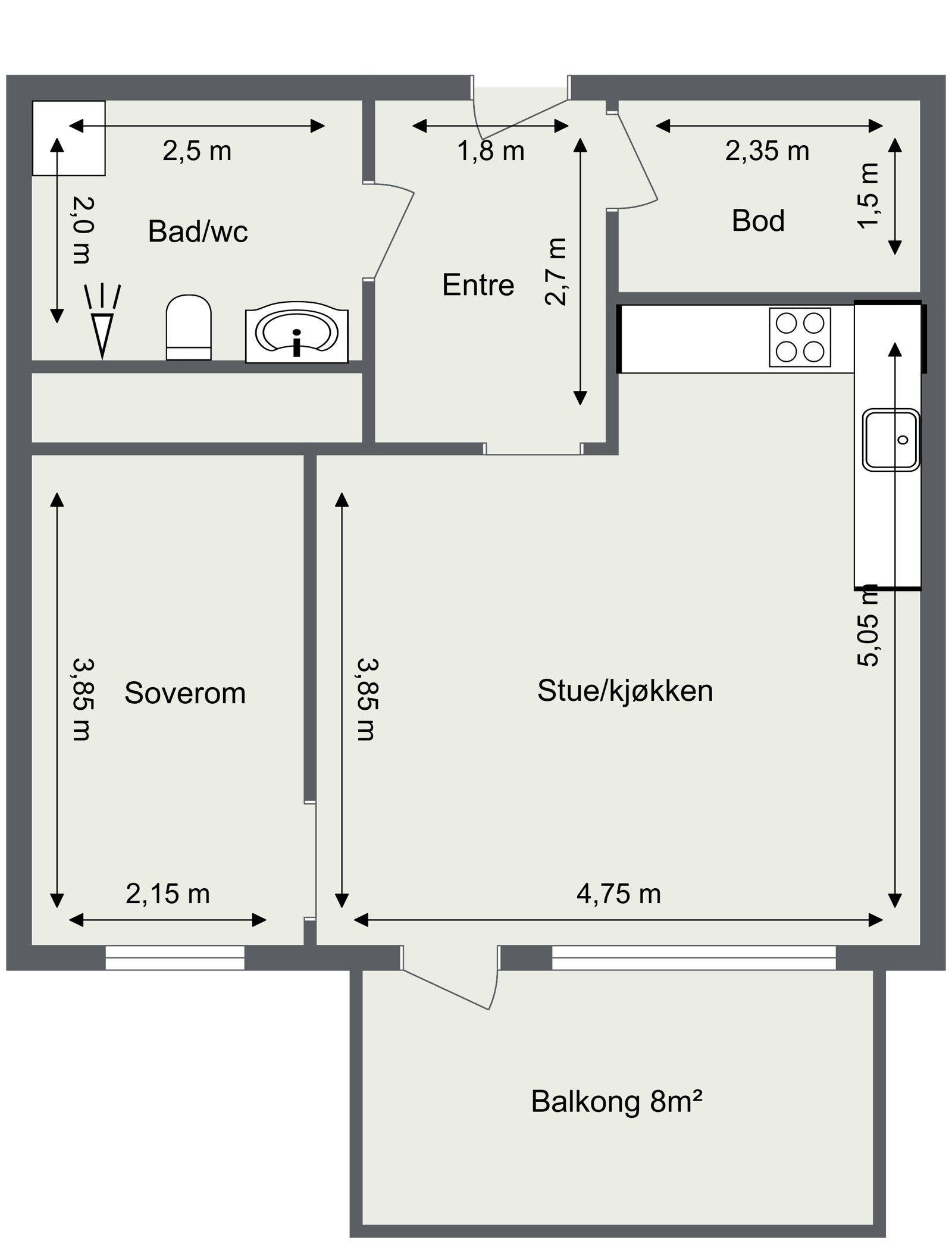 Innhold: Entré, bod, bad/wc, soverom og stue/kjøkken. Galleribilde