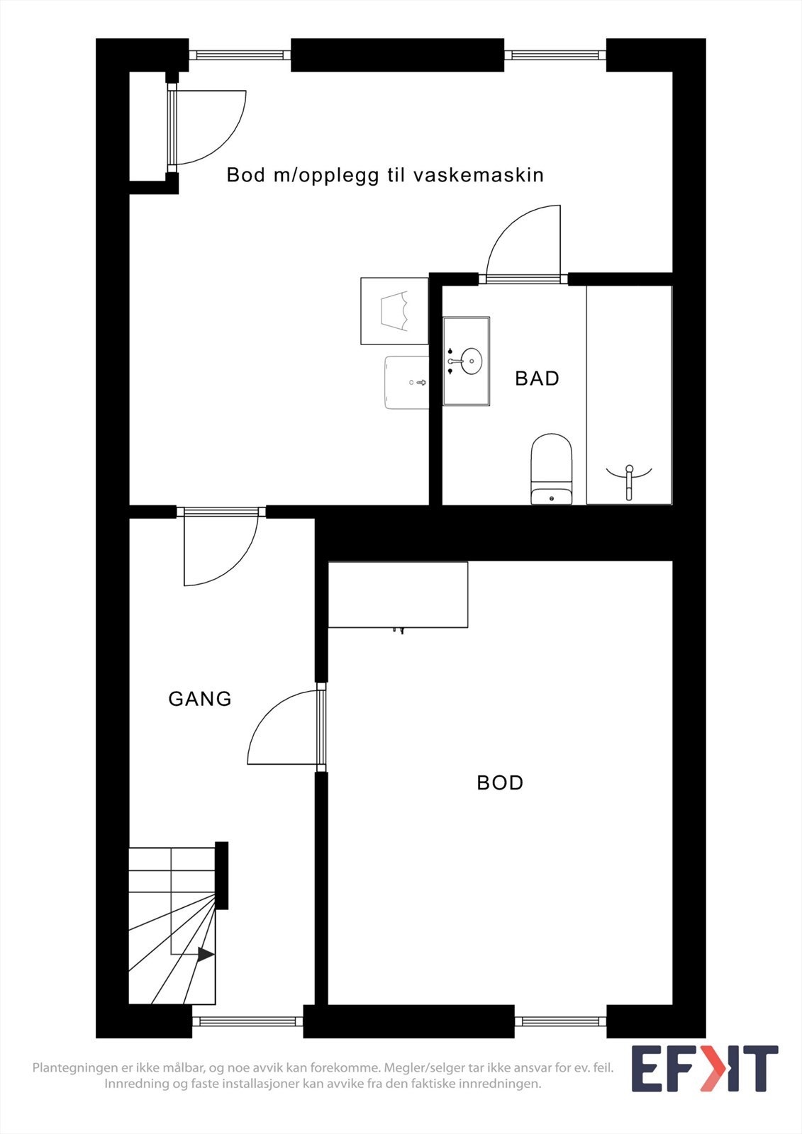 Planløsning kjeller. Hele kjelleretasjen har en takhøyde på ca. 1,88 meter og arealet er derfor ikke måleverdig eller godkjent for varig opphold Galleribilde