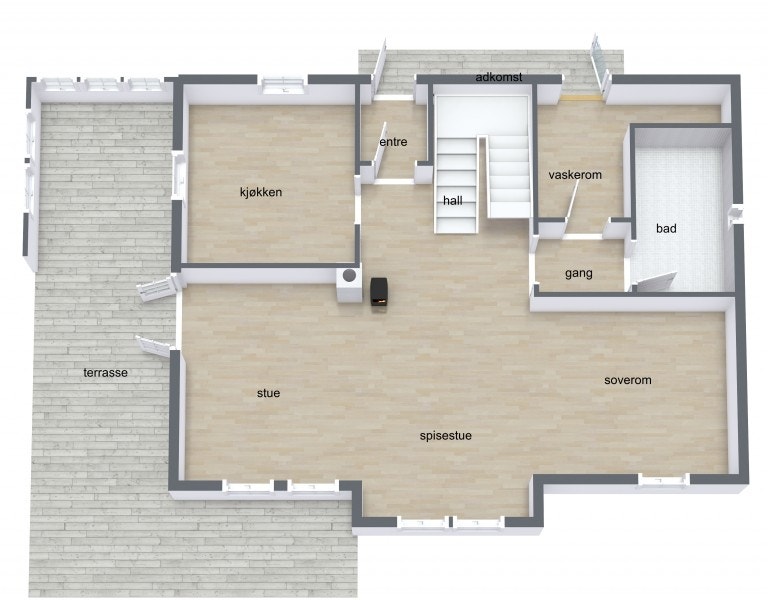 Første etasje har en arealeffektiv planløsning med stue, kjøkken, bad og vaskerom. Soverom er i dag en del av stuen. Galleribilde