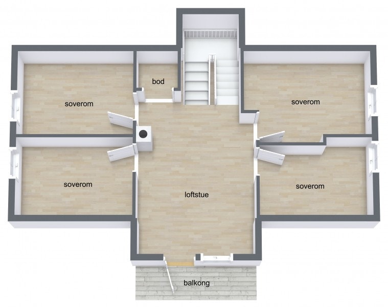Loftsetasjen rommer loftstue, fire soverom og en bod, med et samlet bruksareal på 55 m². Galleribilde