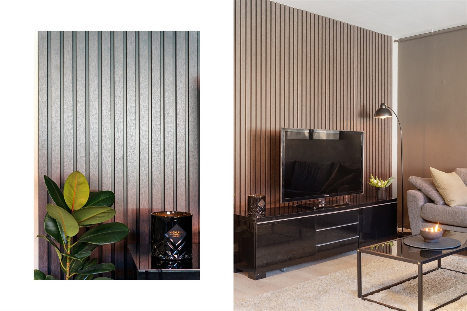 Flott spilevegg som gir rommet et organisk og lunt innslag. Galleribilde