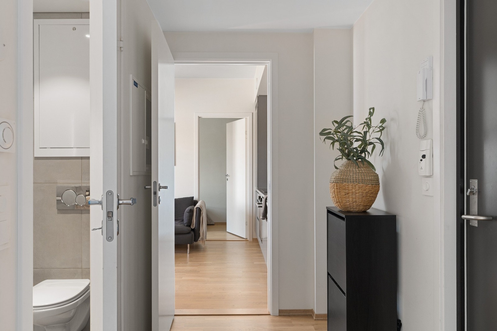 Gang med inngang til bad. Porttelefon og belysning med dimming. Galleribilde