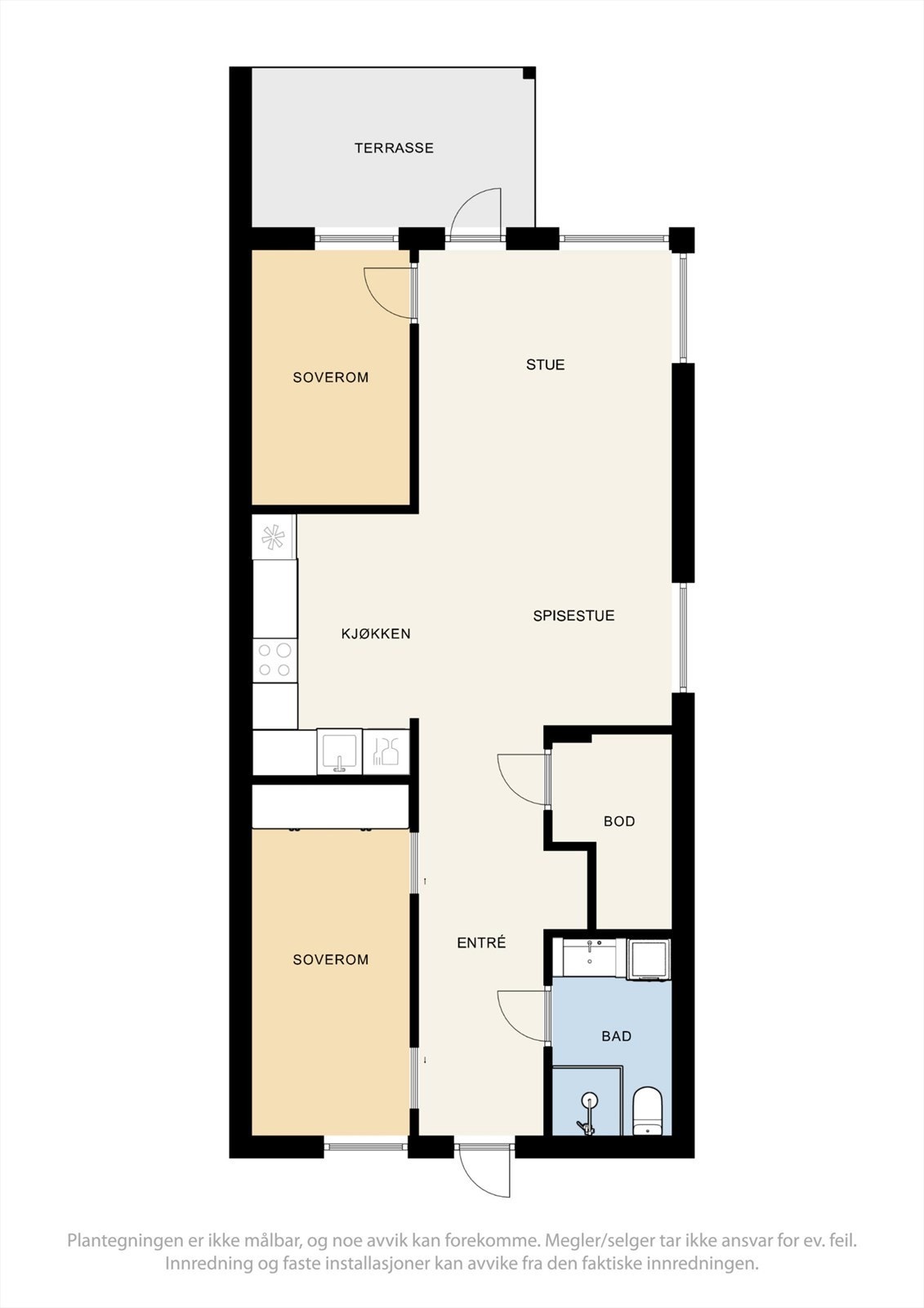 Leiligheten ligger i 1. etasje og har en arealeffektiv planløsning fordelt på entré, to soverom, bad, bod og en åpen stue-kjøkkenløsning. Galleribilde