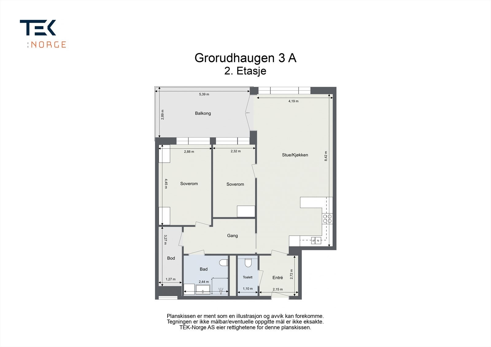 Praktisk og stor 3-roms planløsning med praktisk innvendig bod. Galleribilde