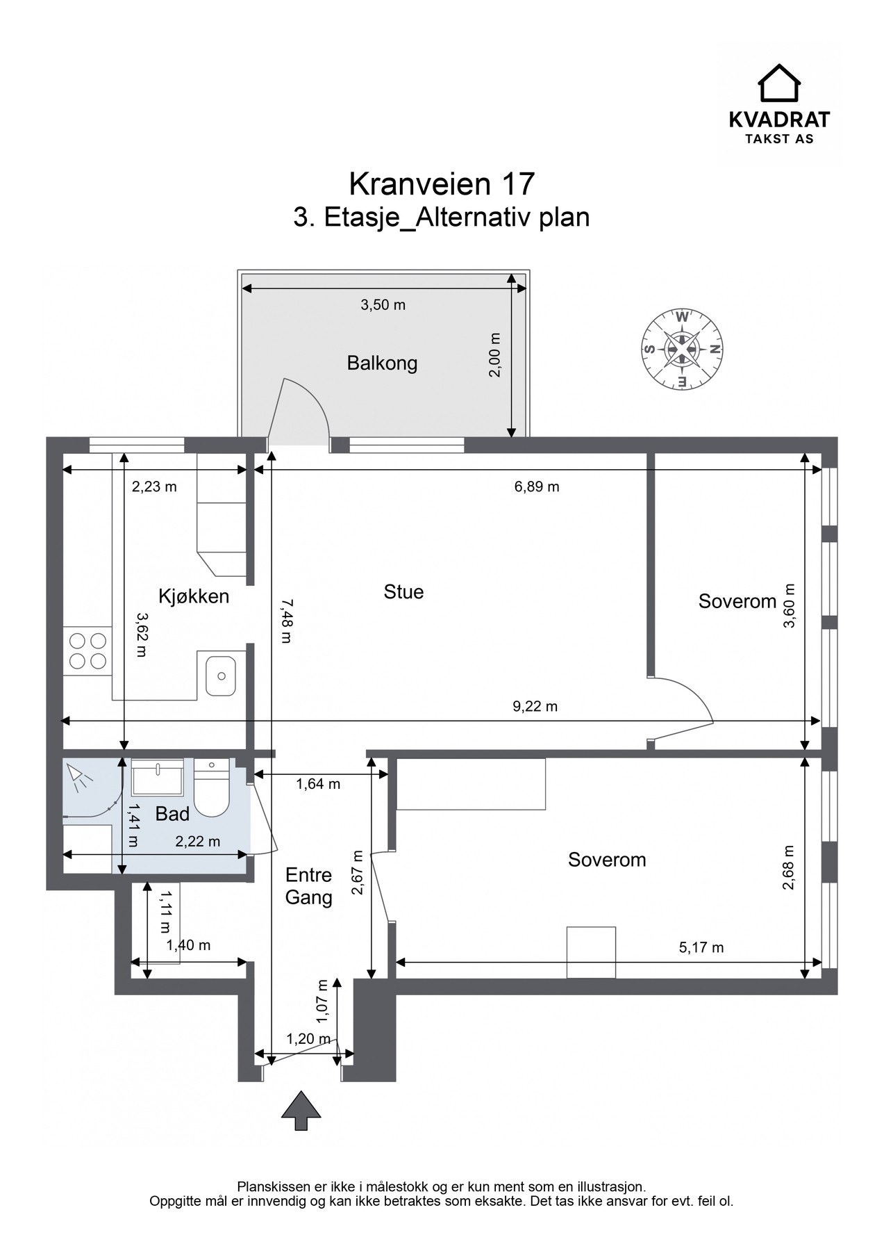 Alternativ planløsning. Enkelte leiligheter har blitt omgjort til 3-roms. Galleribilde