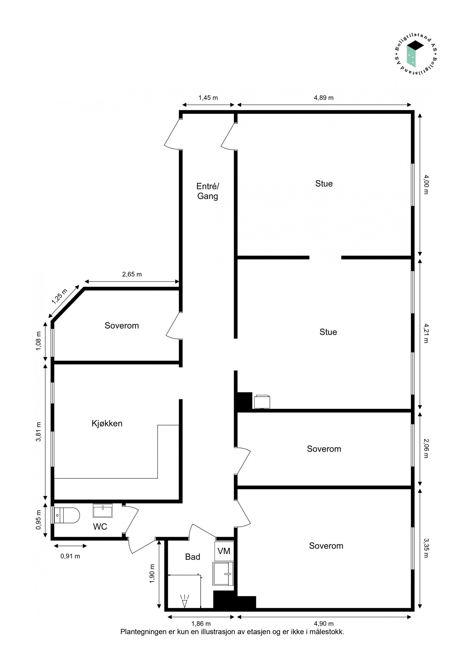 Leiligheten består av gang, 2 stuer (ett brukes som soverom), spisekjøkken, 3 soverom, bad og separat wc. I tillegg har leiligheten en bod i kjeller på 10 kvm. Galleribilde
