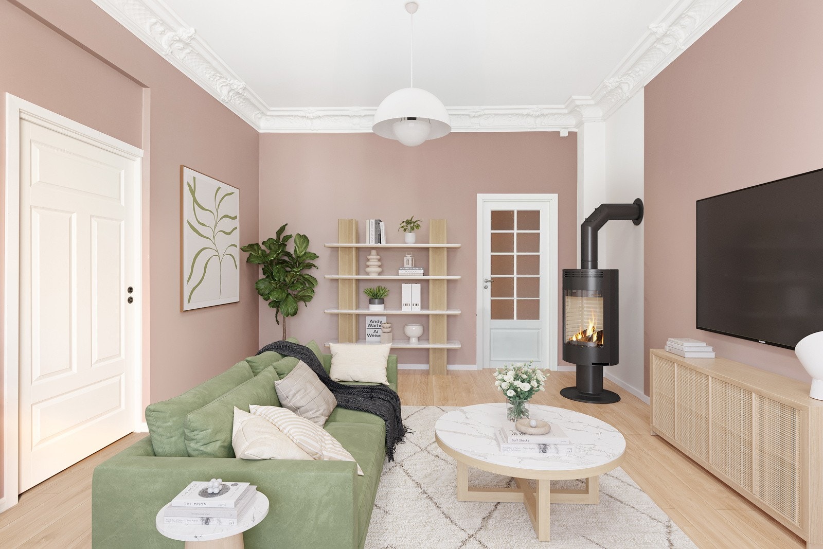 Stue på stue med skyvedører i mellom. (bildet er en illustrasjon). Galleribilde