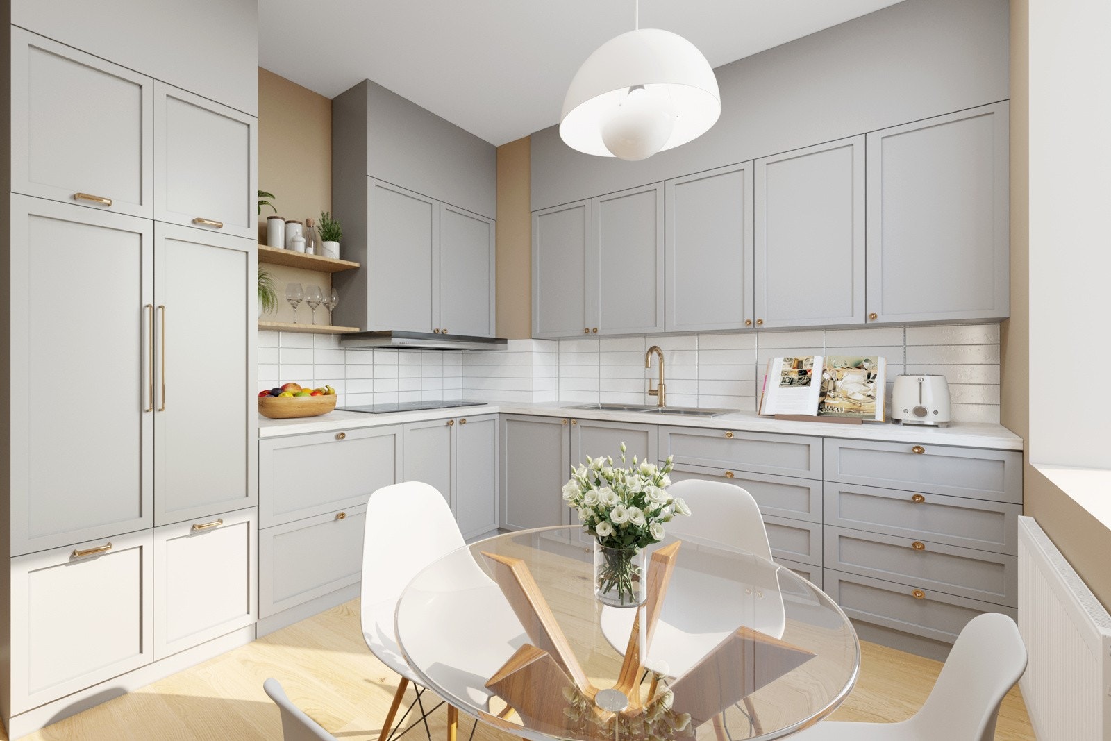 Boligen har et stort kjøkkenrom med vinduer mot bakgård - et lyst og romslig kjøkken med spiseplass. Bildet er en illustrasjon. Galleribilde