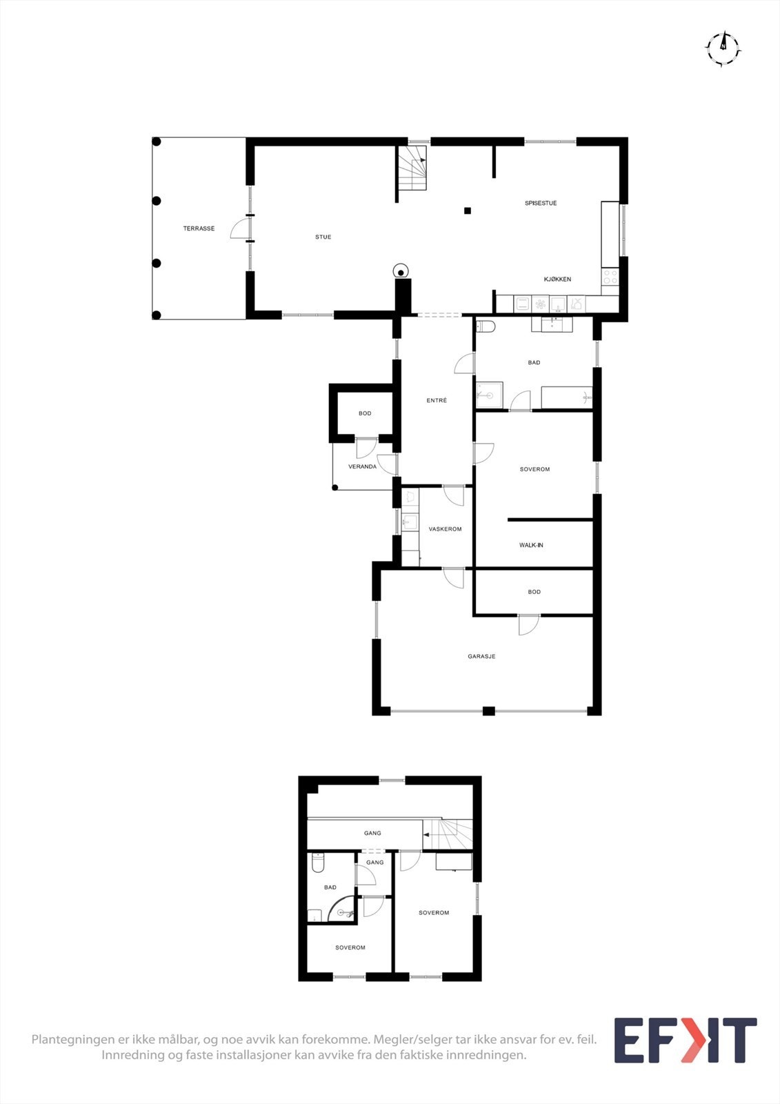 Plantegningene viser en innholdsrik bolig over to plan med totalt tre soverom og to bad. Galleribilde