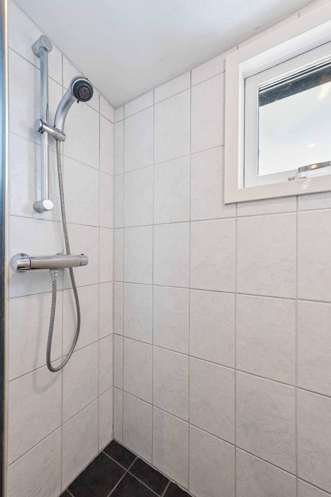 Det er servantinnredning og veggmontert toalett med innebygd sisterne. Dusjnisje med dør i herdet glass. Galleribilde