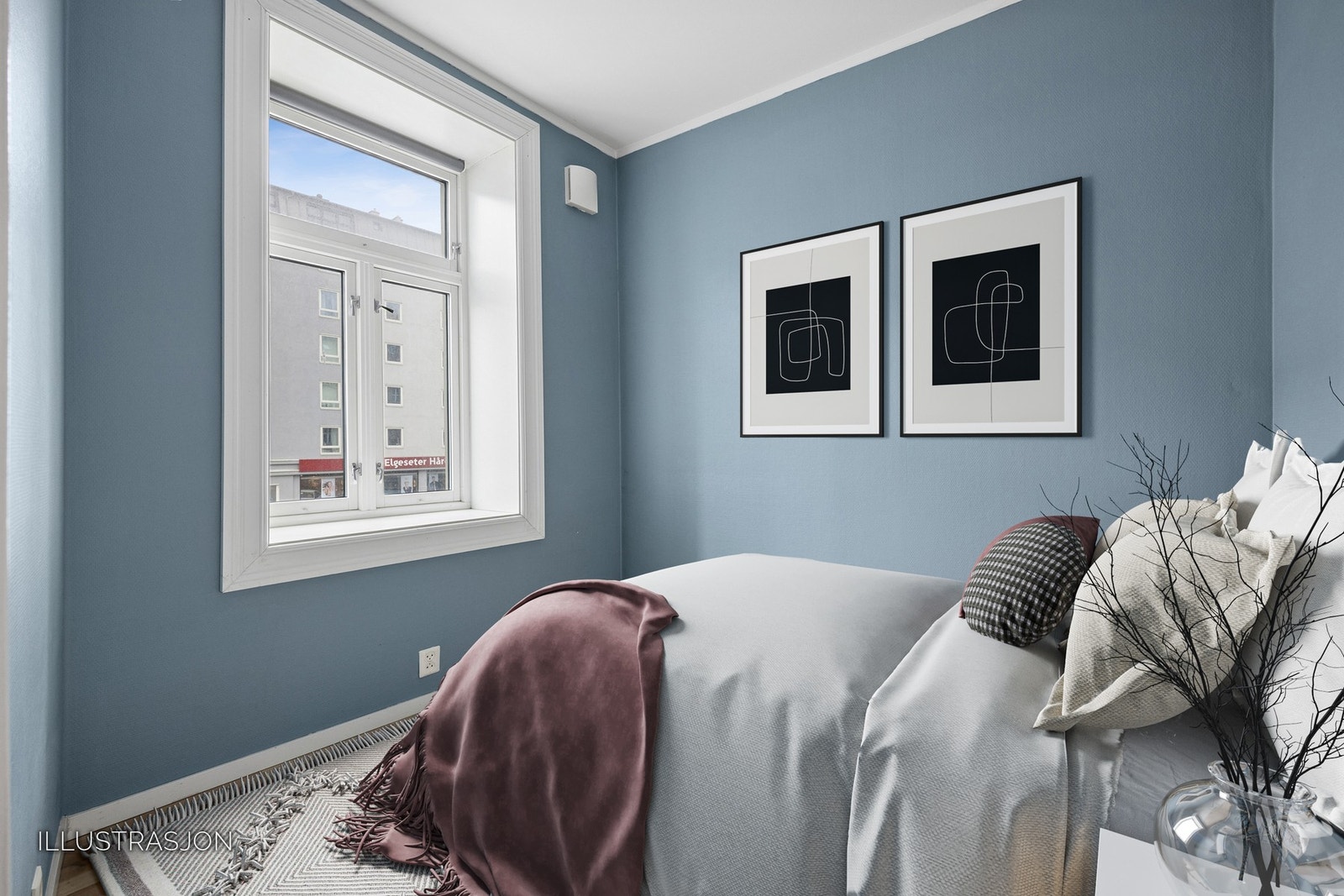 Lyst soverom på 5,6kvm. Rommet er digitalt møblert. Galleribilde