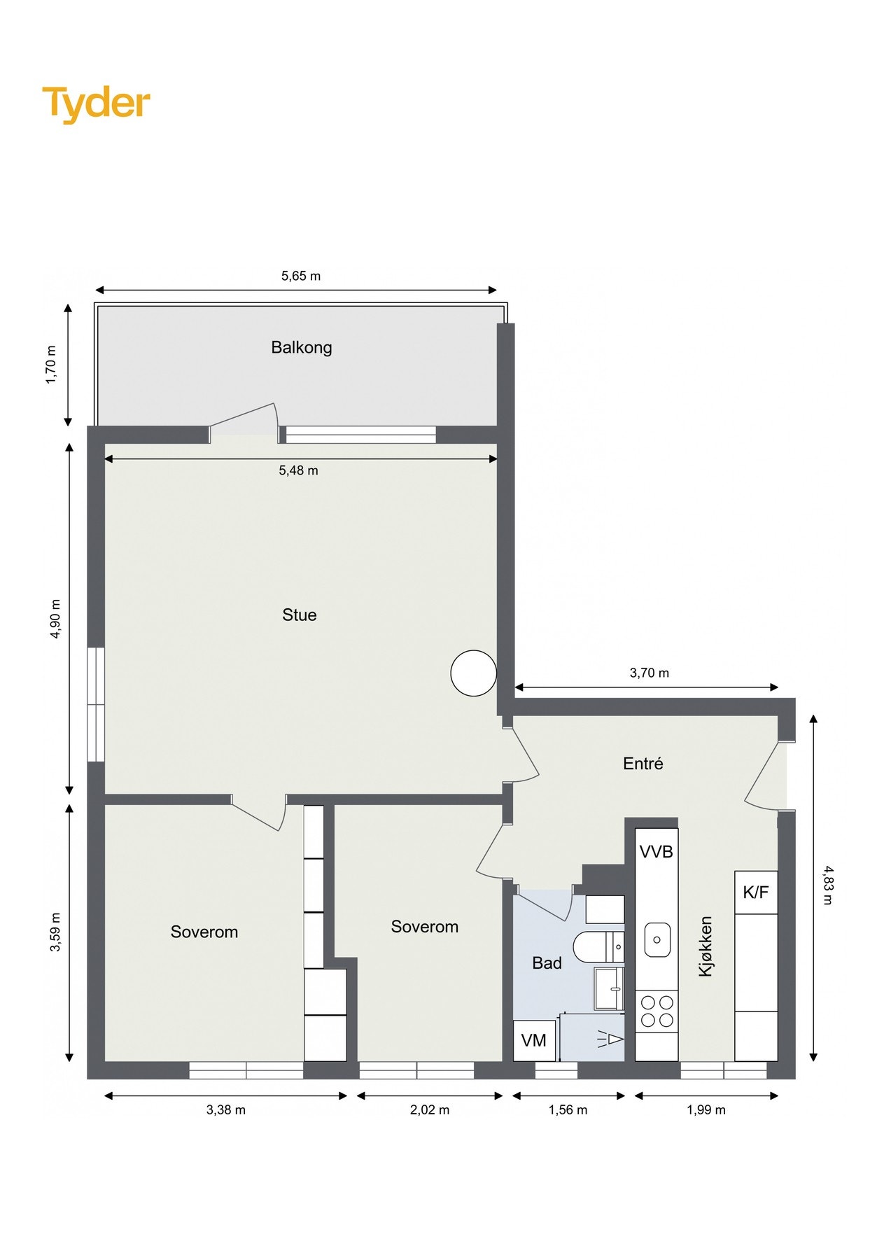Plantegning. I tillegg disp. leiligheten en kjellerbod på ca. 7 m2 og loftsbod på ca. 7 m2 (gulvareal på ca. 12 m2). Galleribilde