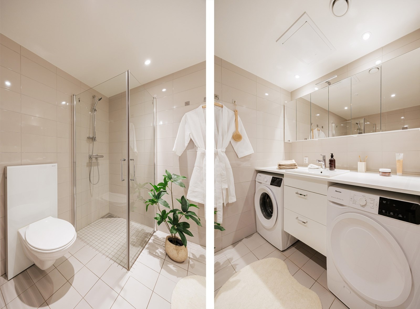 Badet er utstyrt med dusjhjørne, servant med speilskap og veggfestet klosett. Vaskemaskin og tørketrommel medfølger. Galleribilde