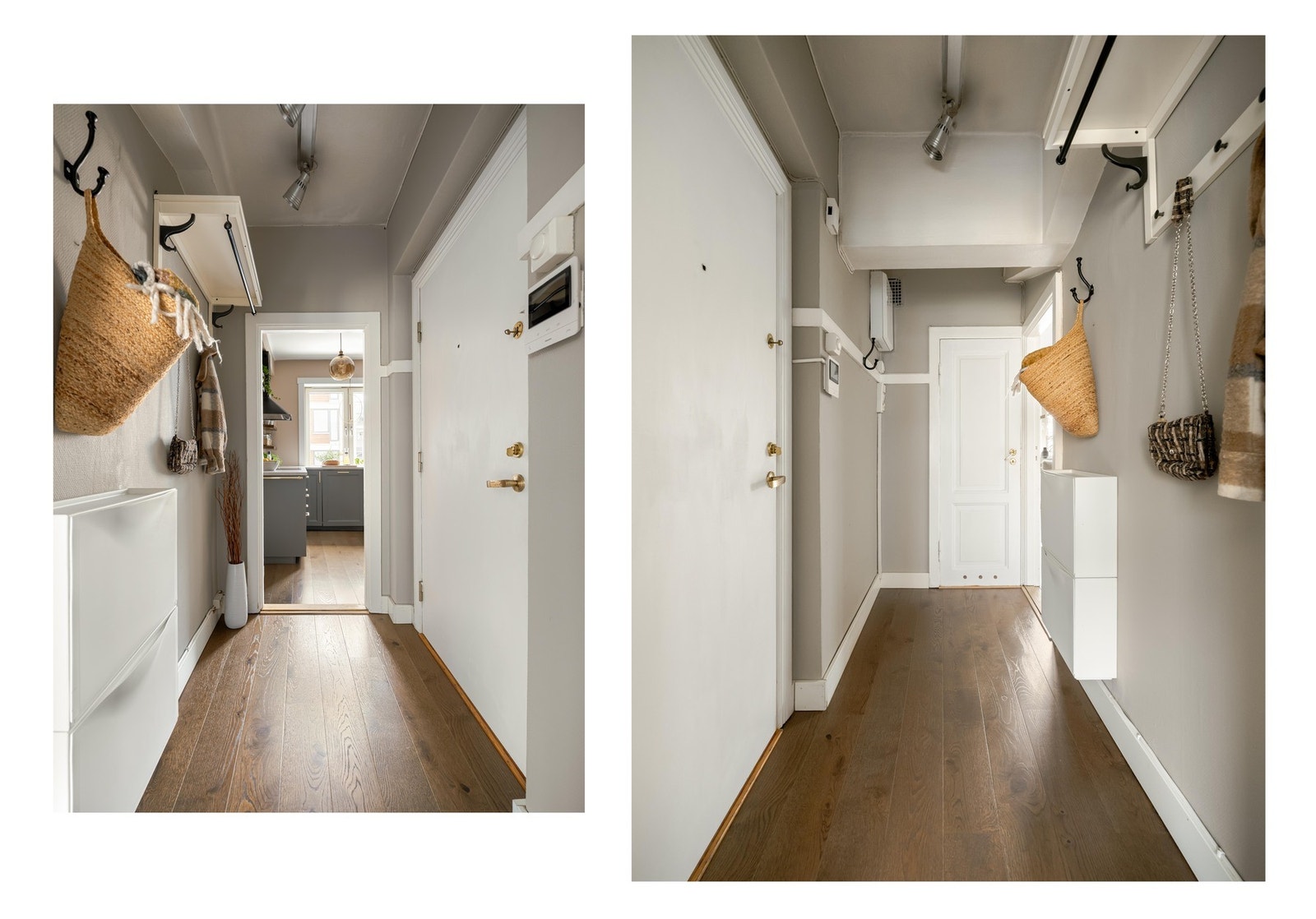 Entreen er et fint bindeledd i leiligheten. Herfra finner vi også inngangen til badet. Galleribilde