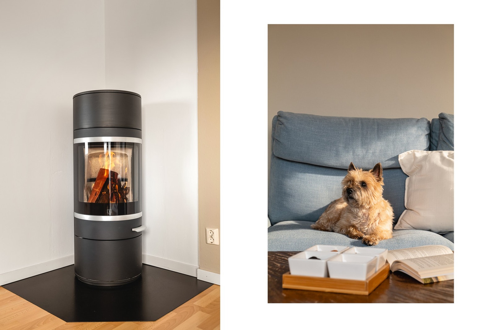 I stue er det vedovn og varmepumpe, som sikrer et behagelig inneklima - året rundt Galleribilde