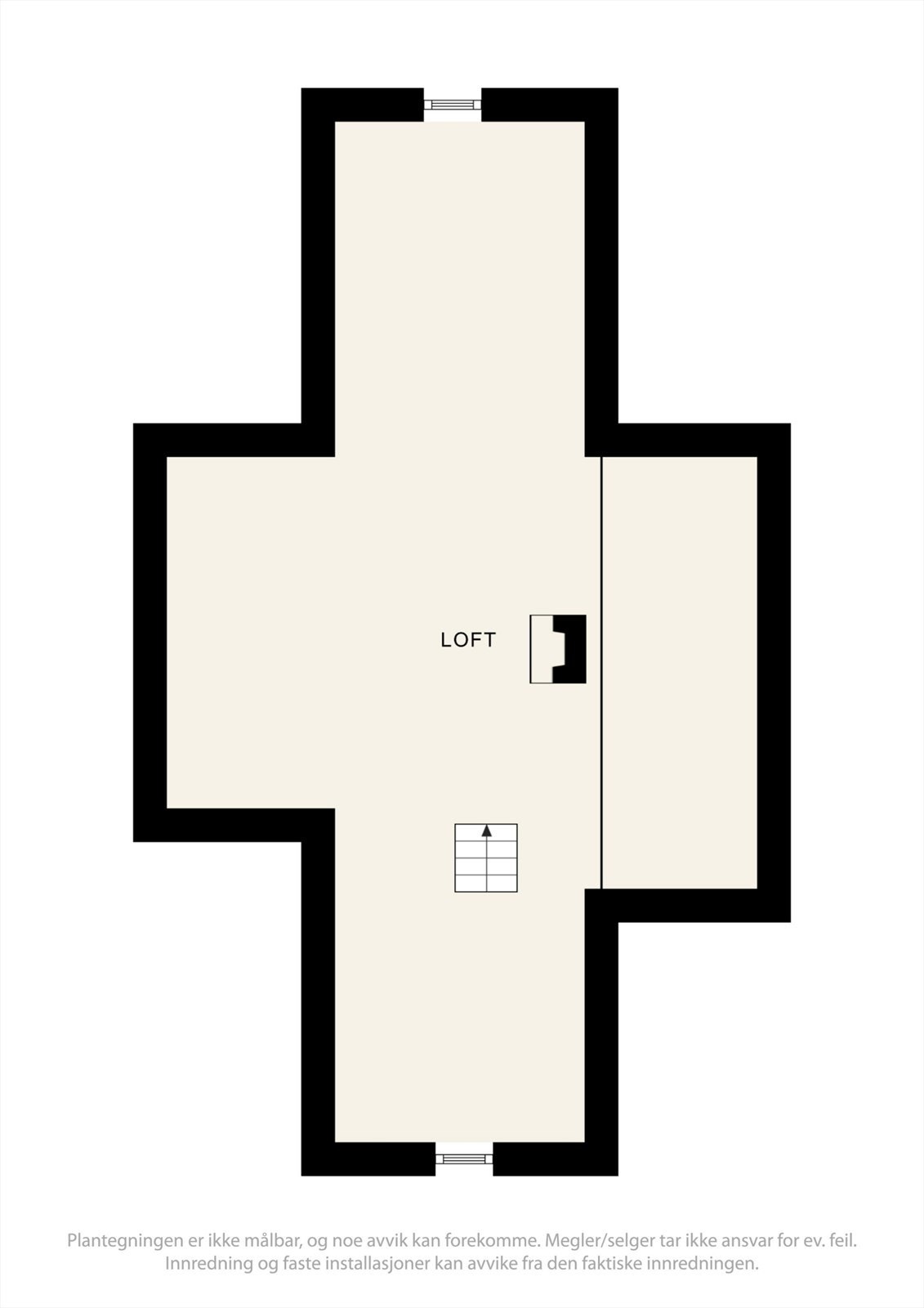 Planløsningen viser det store, uinnredede loftet med betydelig lagringspotensial. Galleribilde