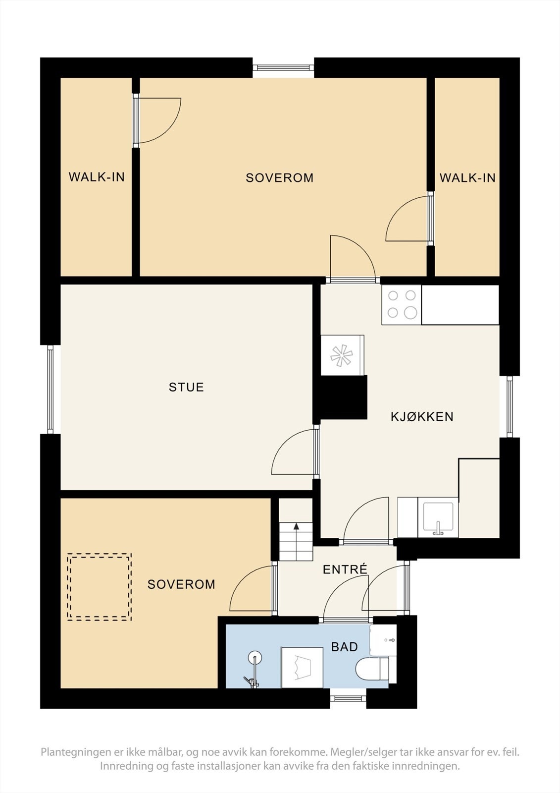 Leiligheten har en arealeffektiv planløsning med to soverom, stue, kjøkken og bad. Galleribilde