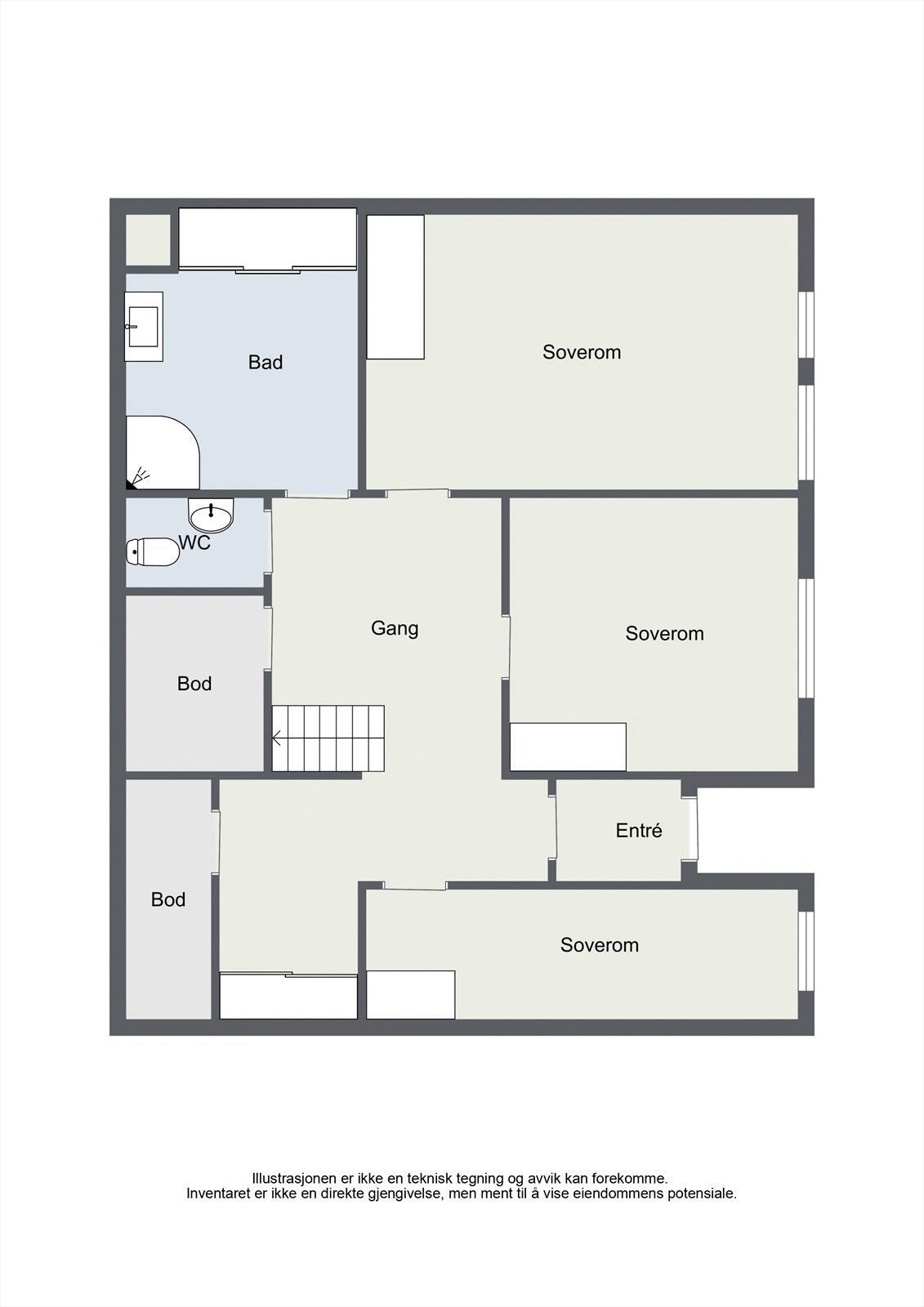 Første etasje har en praktisk planløsning med entré, tre soverom, bad, toalettrom og to boder. Galleribilde