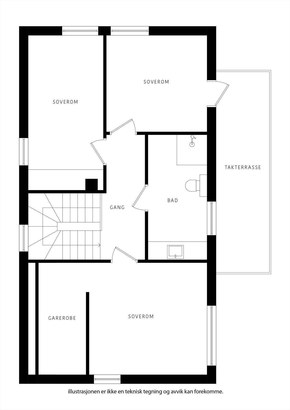 2 etasje: Hovedsoverom m/walk-in, bad, 2 soverom og takterrasse. Galleribilde