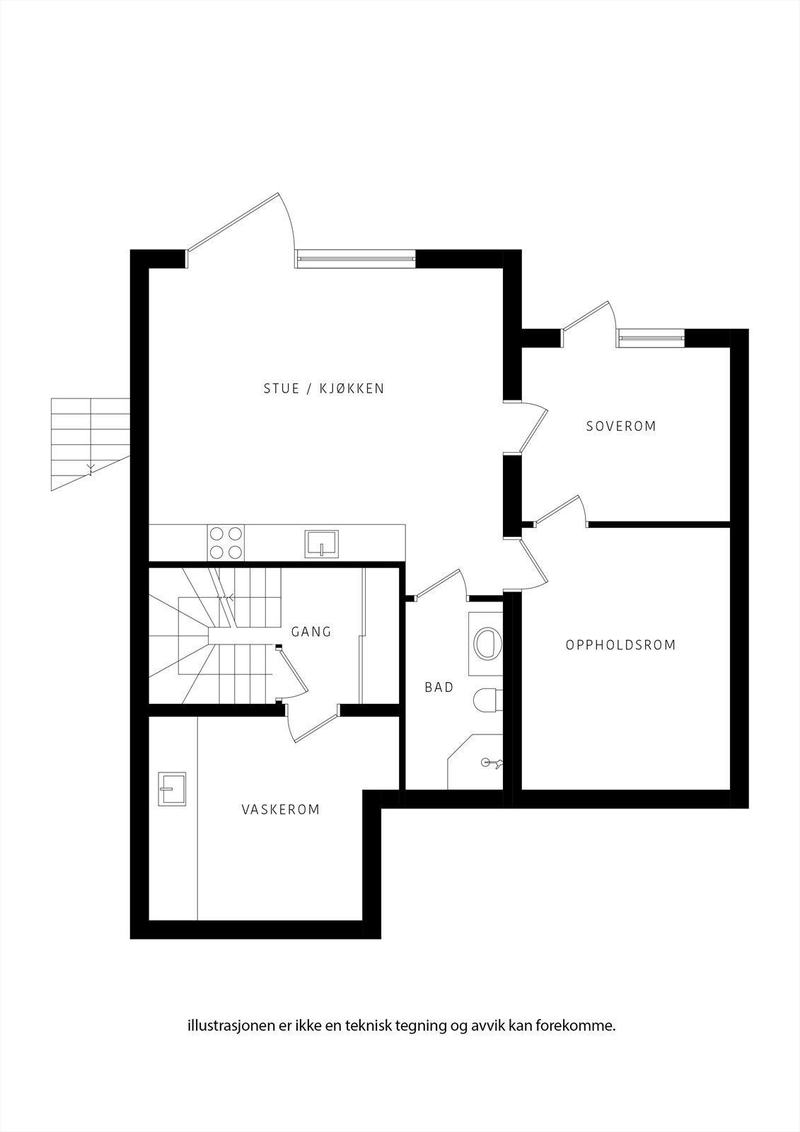 Underetasje: Leilighet med egen inngang. Delen kan åpnes og brukes selv om man ønsker. Hoveddel har vaskerom og lagring under trapperom. Galleribilde