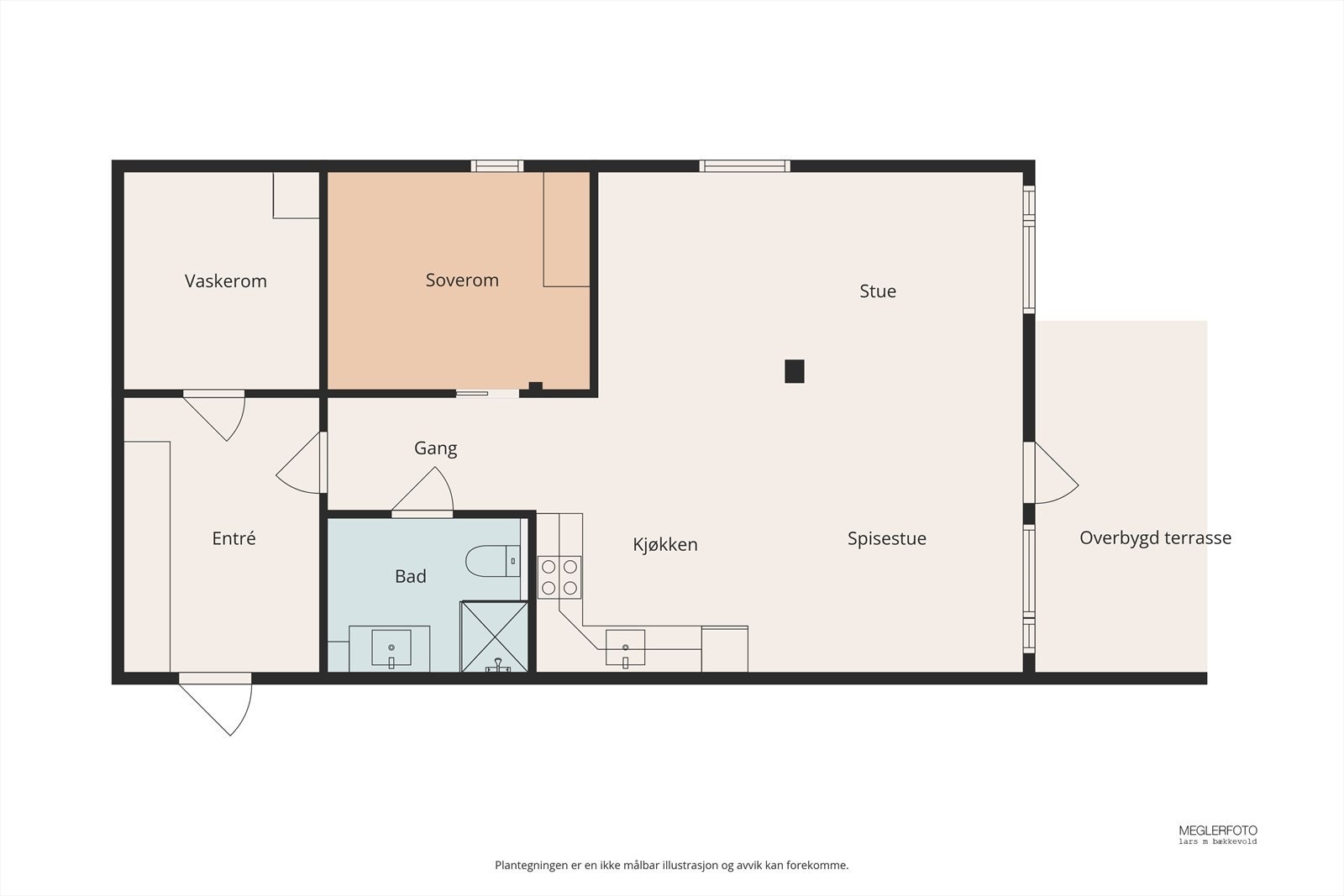 Planløsningen på 77 m² er arealeffektiv og inneholder entré, bad, vaskerom, soverom og stue/kjøkken. Galleribilde