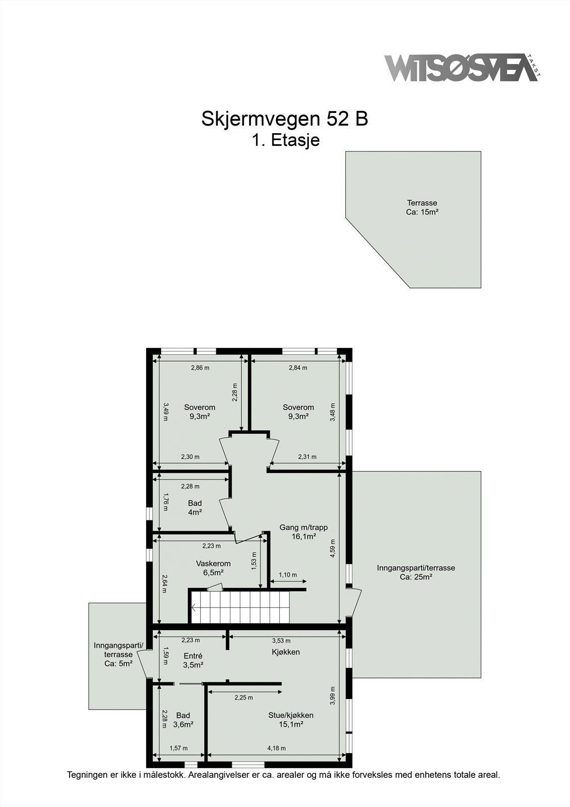 Første etasje har en praktisk planløsning med to soverom, bad, vaskerom og egen utleiedel. Galleribilde