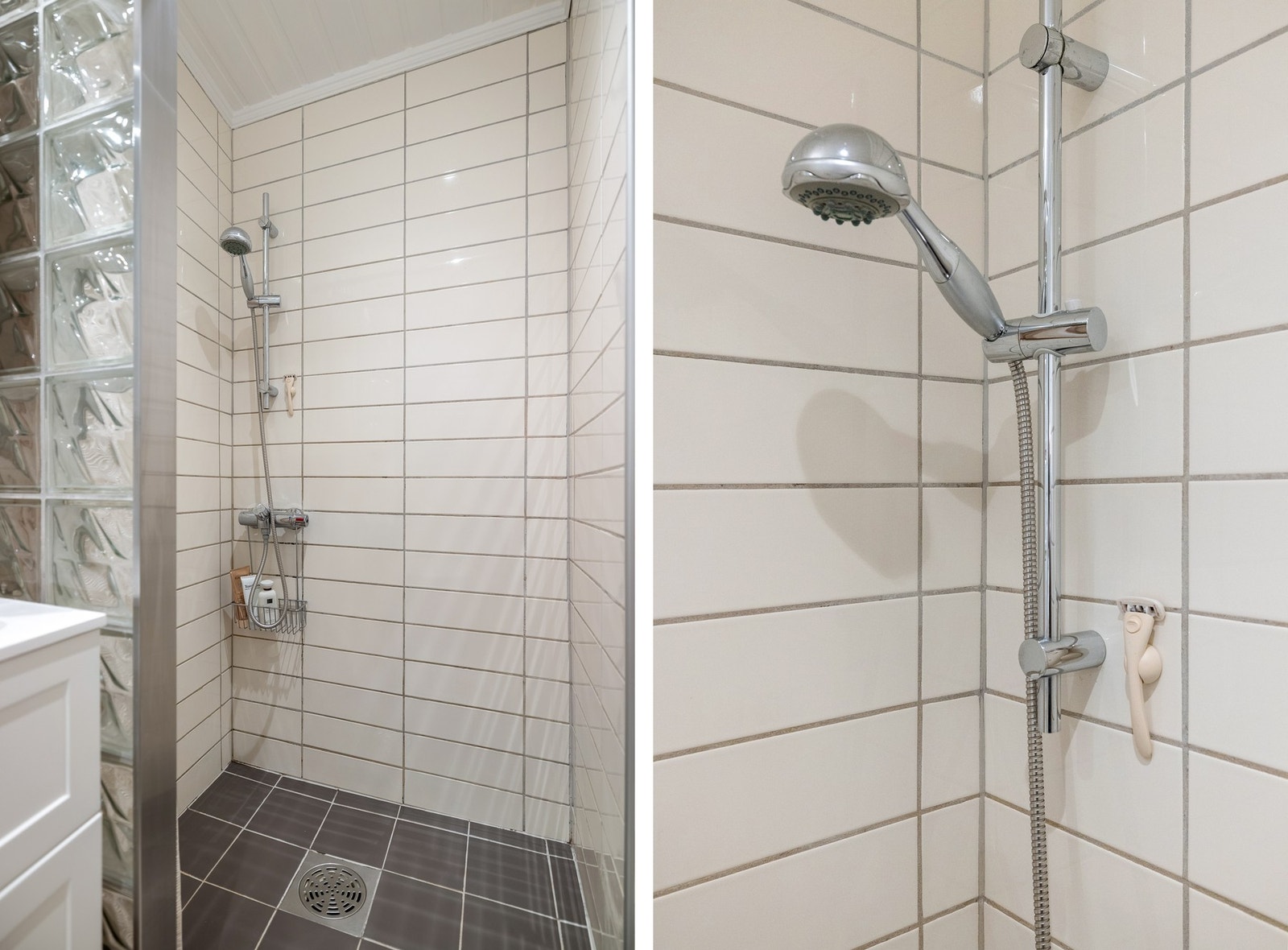 Badet er innredet med toalett, servant med innredning og dusjhjørne. Galleribilde