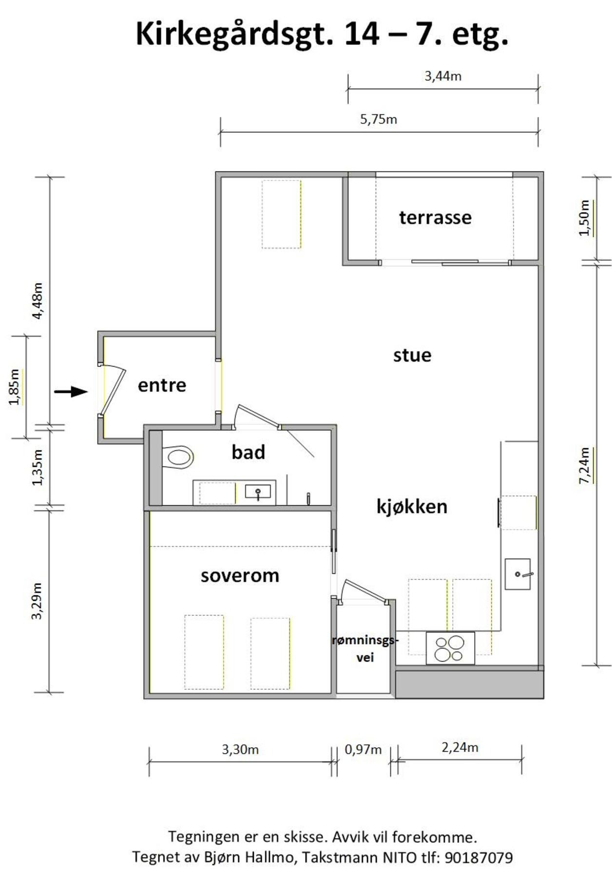 Plantegning med mål Kirkegårdsgata 14 A Galleribilde