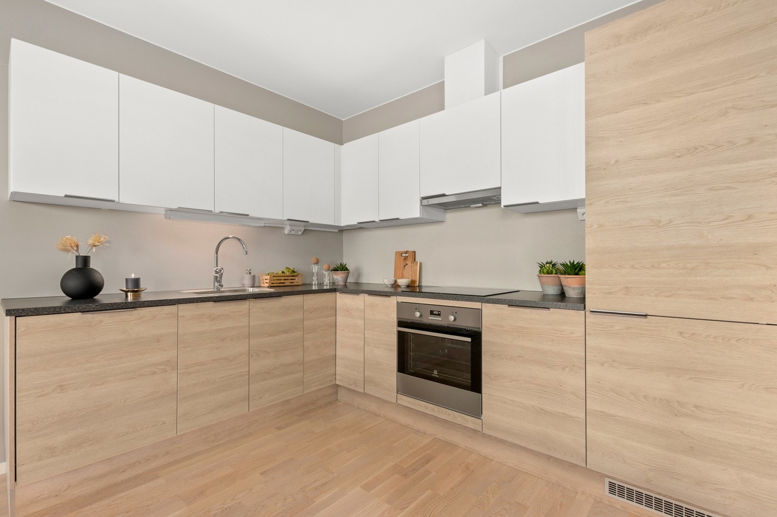 Stekeovn, platetopp, oppvaskmaskin og kombiskap. Galleribilde