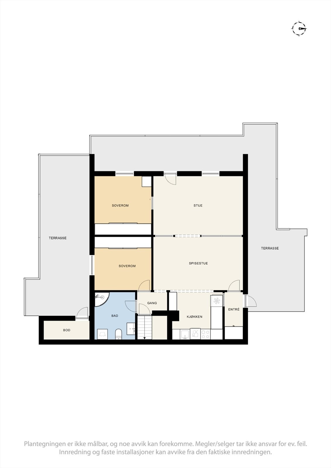 Vedlagte plantegninger gjenspeiler dagens planløsning slik den fremtår i dag og er i strid med godkjente byggetegninger/godkjent bruk. Se punkt "Ferdigattest/Brukstillatelse" i salgsoppgaven. Galleribilde