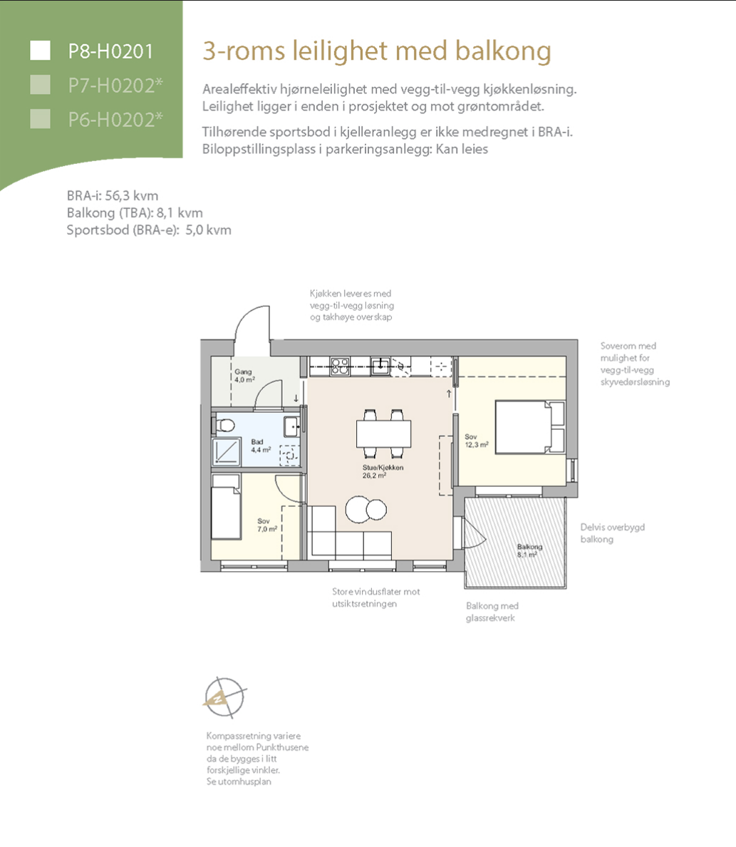 Kontraktsposisjon: Plantegning til en helt ny og rålekker 3-roms selveier med stor balkong på 8 kvm, mulighet for leie av p-plass i anlegg, kr 0,- i forskudd og 5 års nybygg-garanti. Galleribilde