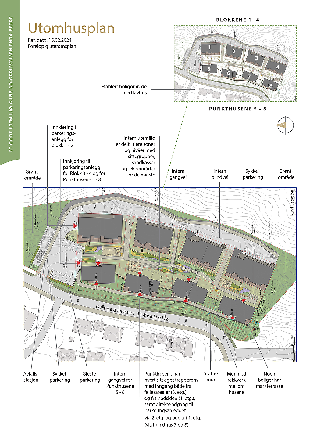Fellesområdet vil bestå av indre stier, større og mindre grøntområder med sosiale områder og lekeplasser for de minste. Galleribilde