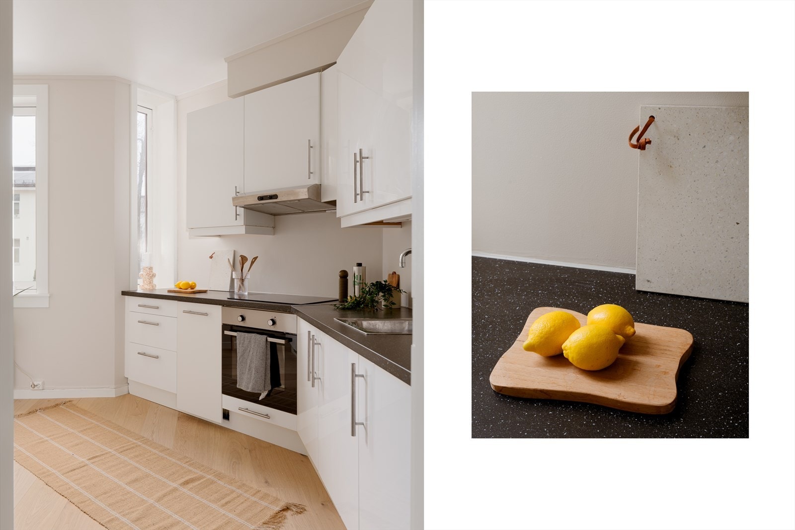 Kjøkkenet er innredet med tidsriktig glatt innredning fra IKEA med soft close og laminert benkeplate. Galleribilde