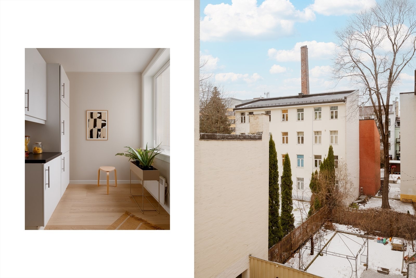 Store vindusflater på kjøkkenet gir godt med arbeidslys til matlagingen. Galleribilde