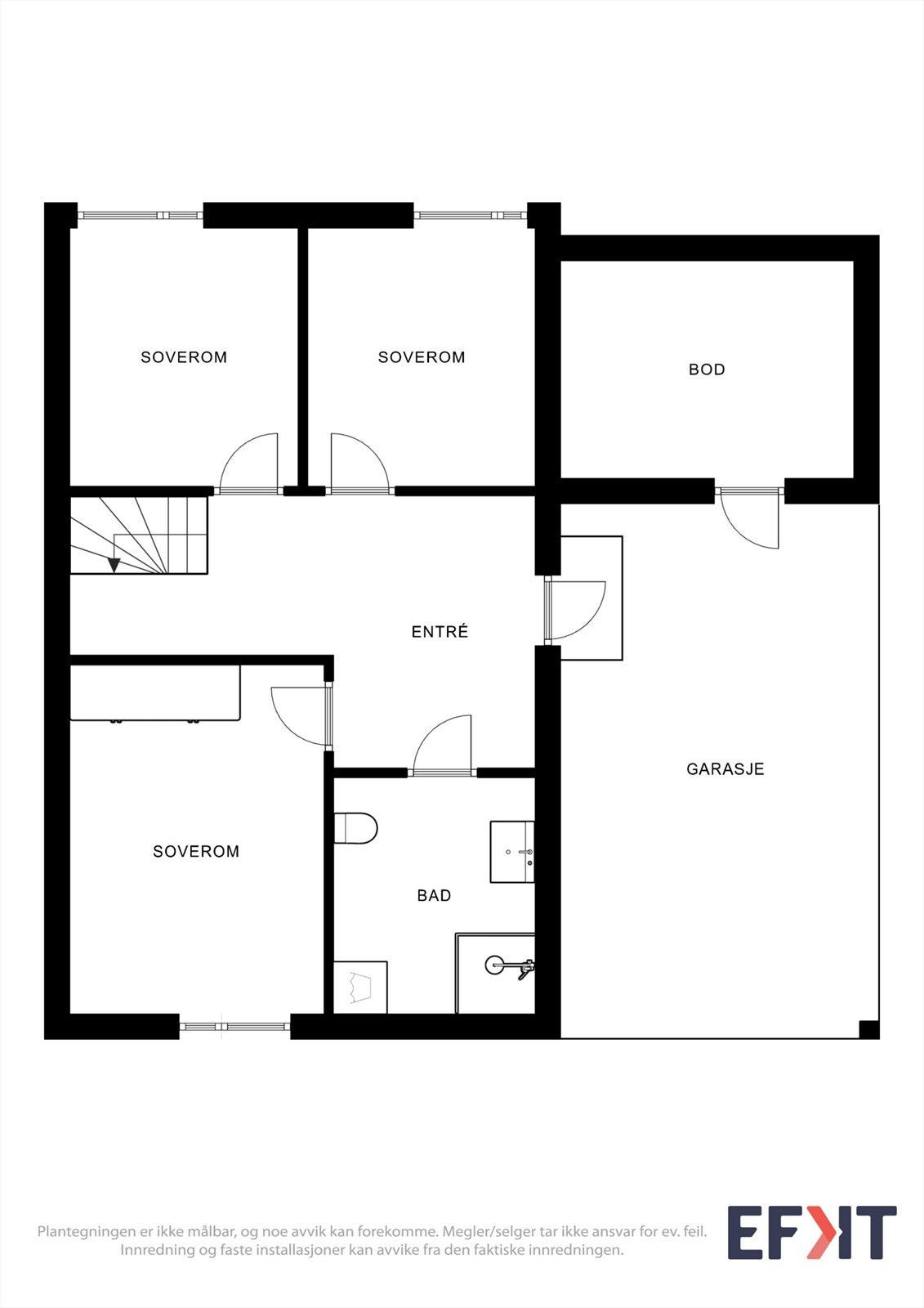 Første etasje har en arealeffektiv planløsning med entré, tre soverom og bad. Galleribilde