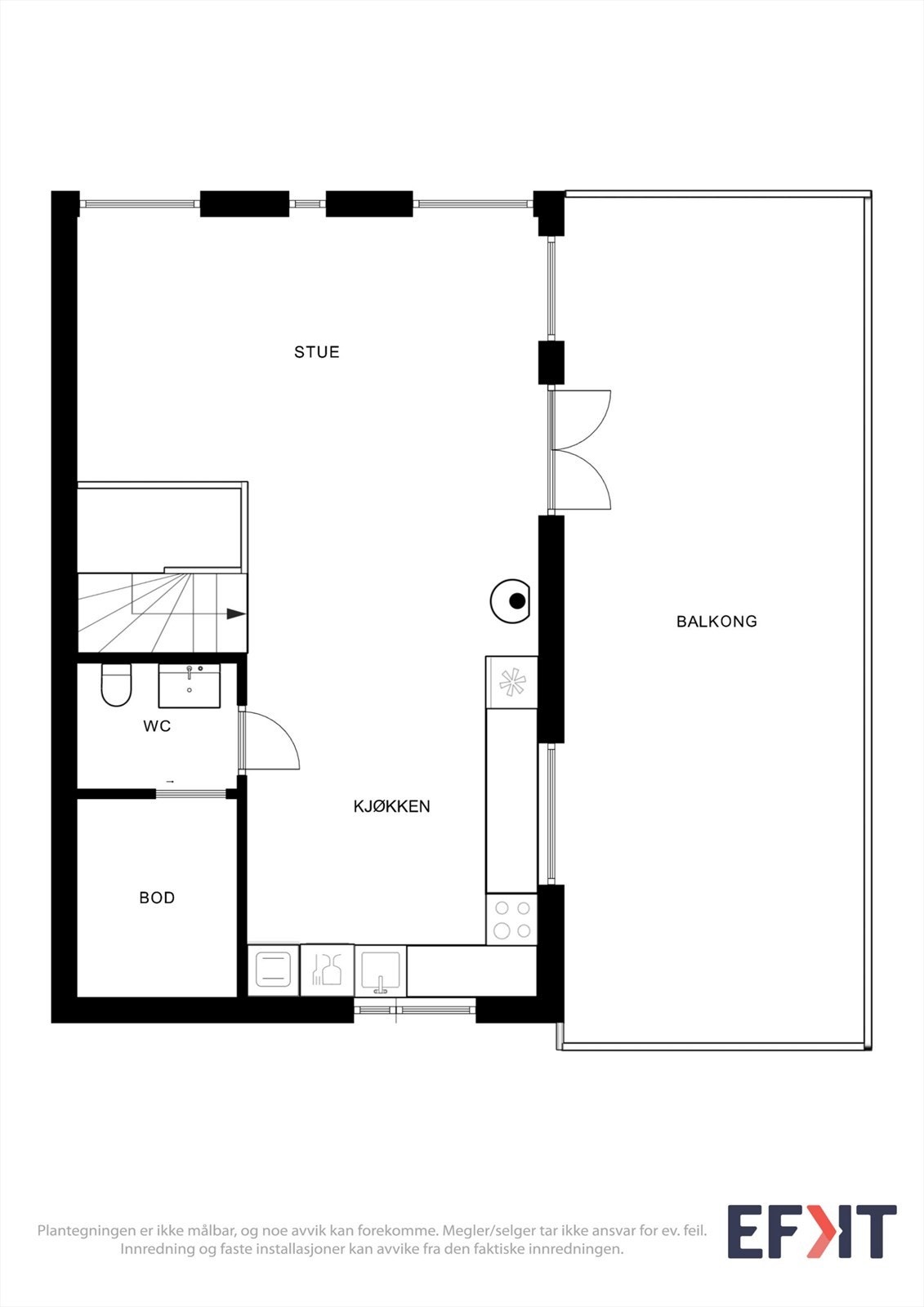 Andre etasje består av en åpen stue- og kjøkkenløsning, toalettrom og teknisk rom. Galleribilde