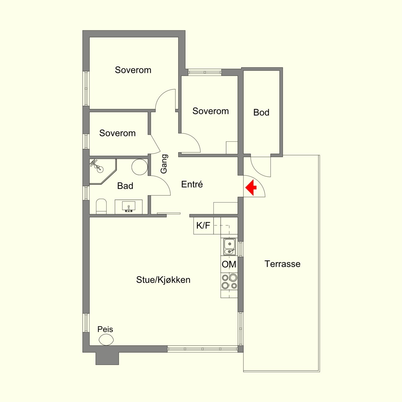 Plantegning. Det gjøres oppmerksom på at det tredje soverommet ikke er godkjent for varig opphold. Galleribilde